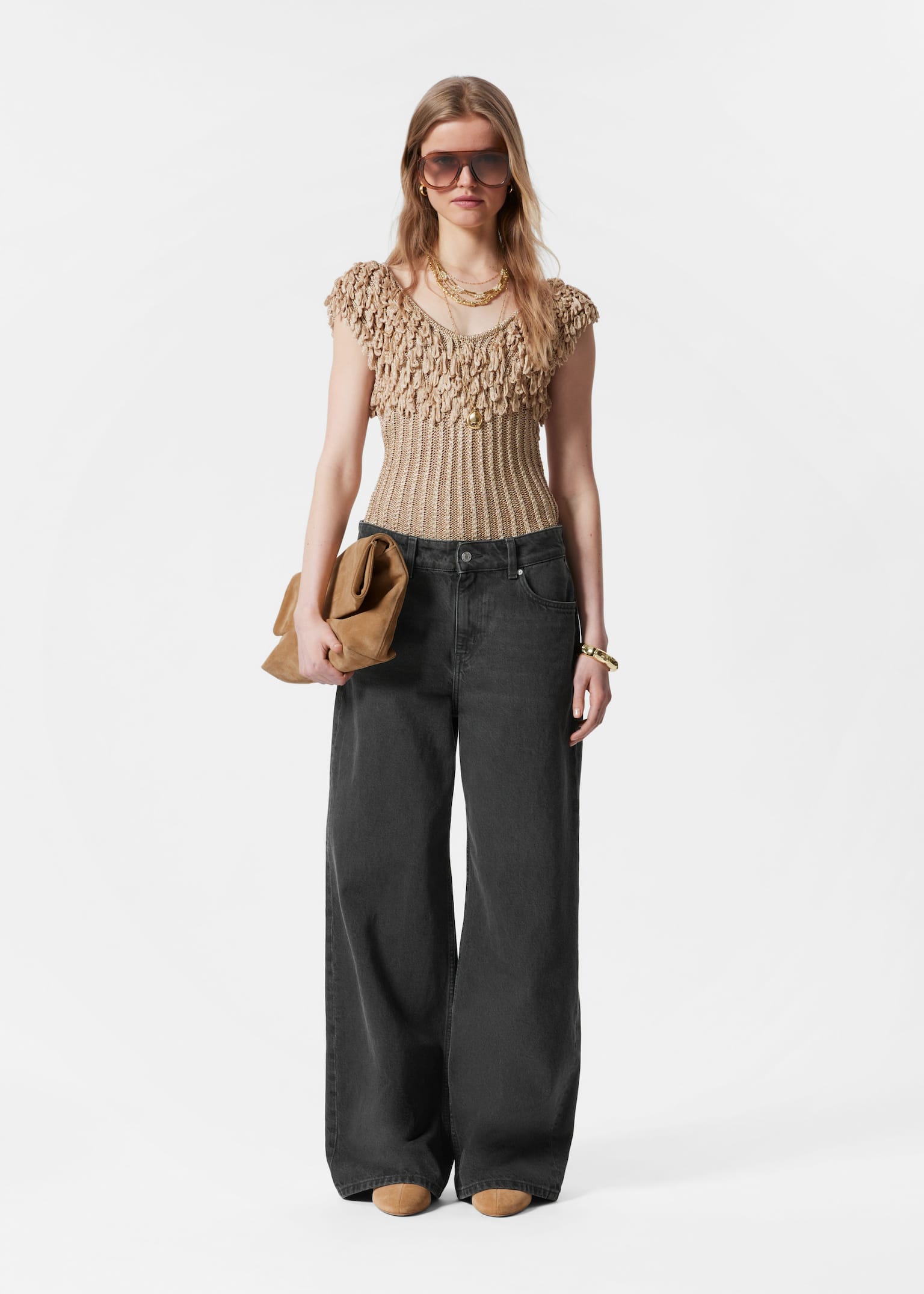 Ribgebreide top met franjes - Beige/Black - 4