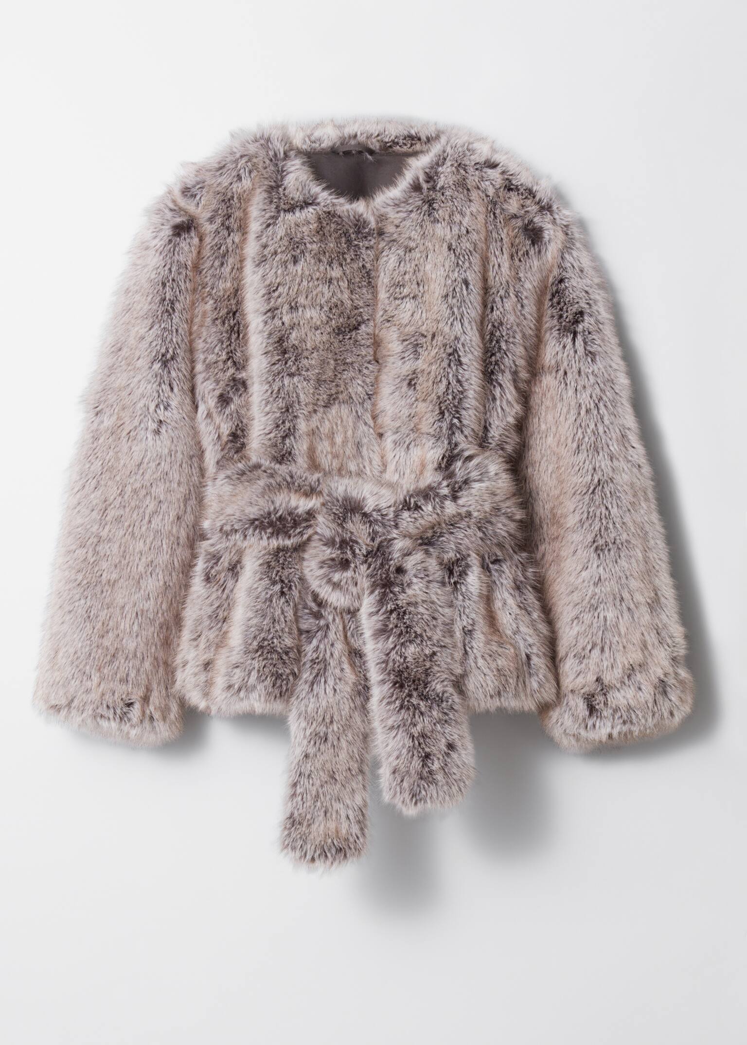 Jacke aus Fellimitat mit Gürtel - Graubraun