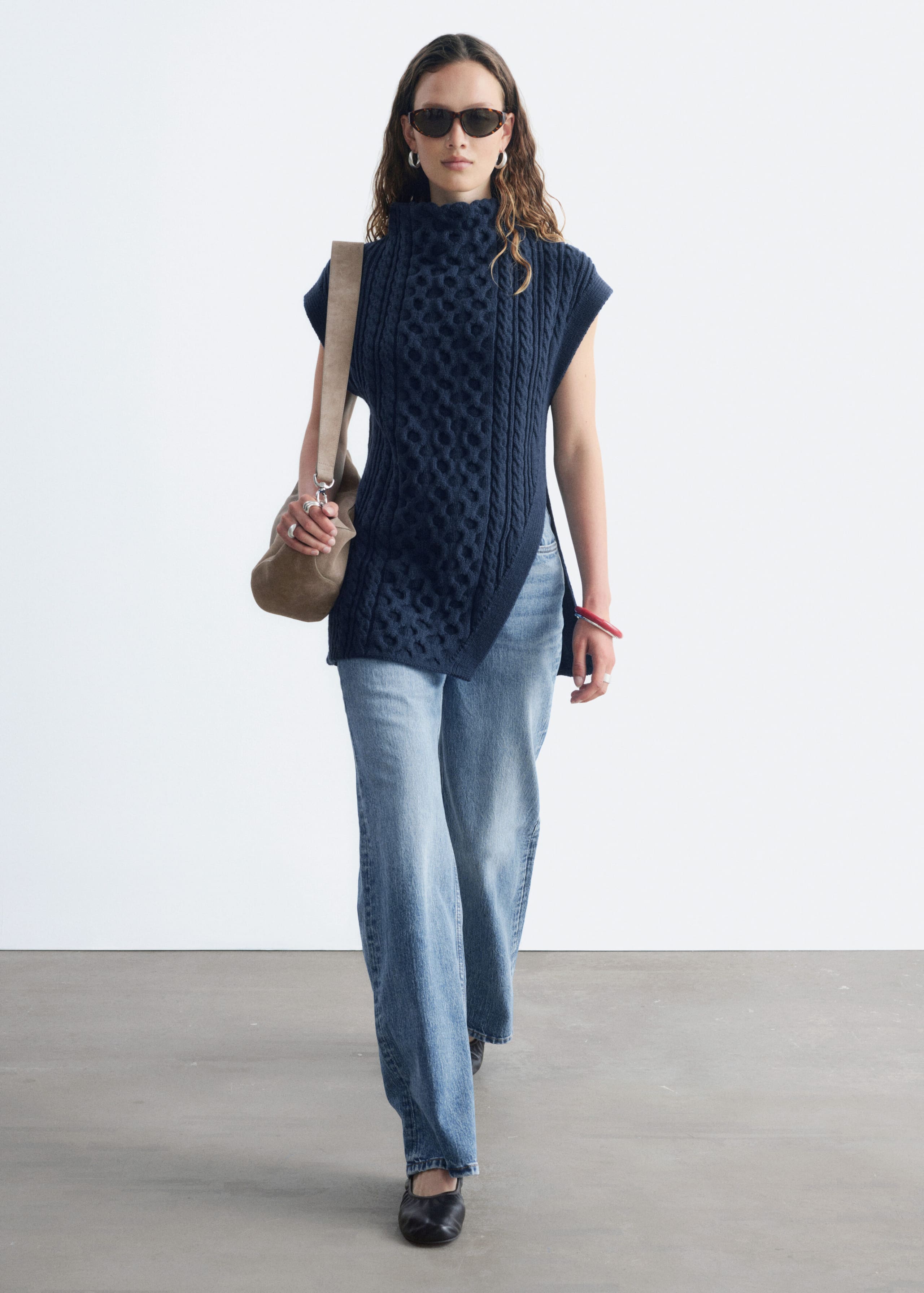 Cable-Knit Mock Neck Vest - Dark Blue - Lookbook
