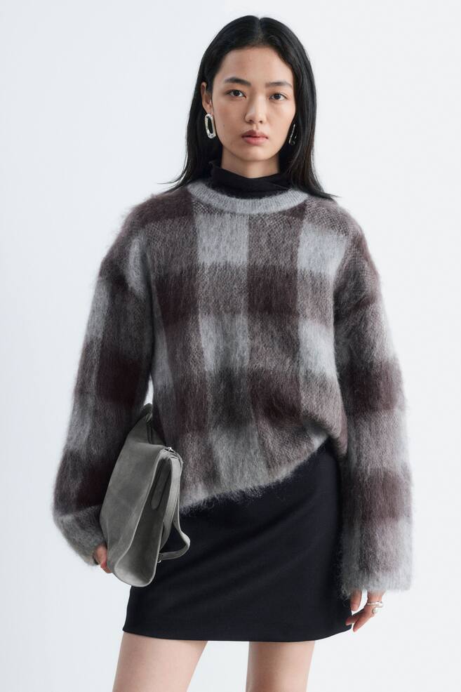 Pulover Din Amestec De Mohair - Gri/Carouri/Roșu/Albastru - 1