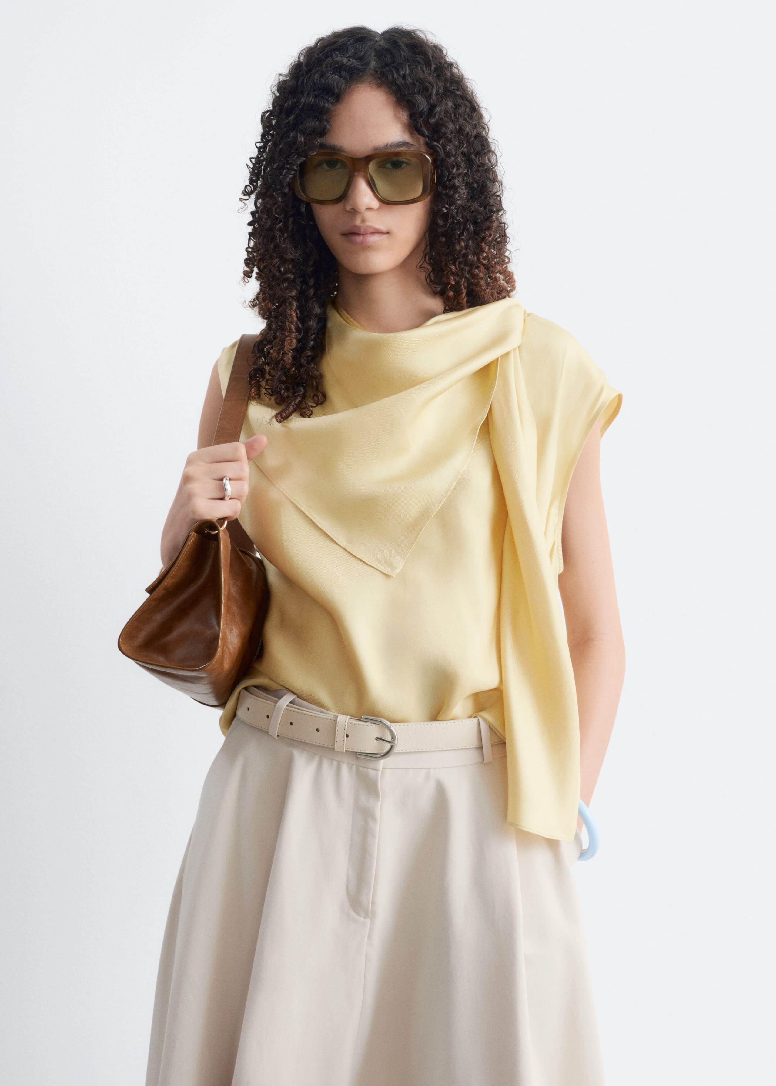 Silk Cowl Neck Scarf Top - Light Yellow - Lookbook