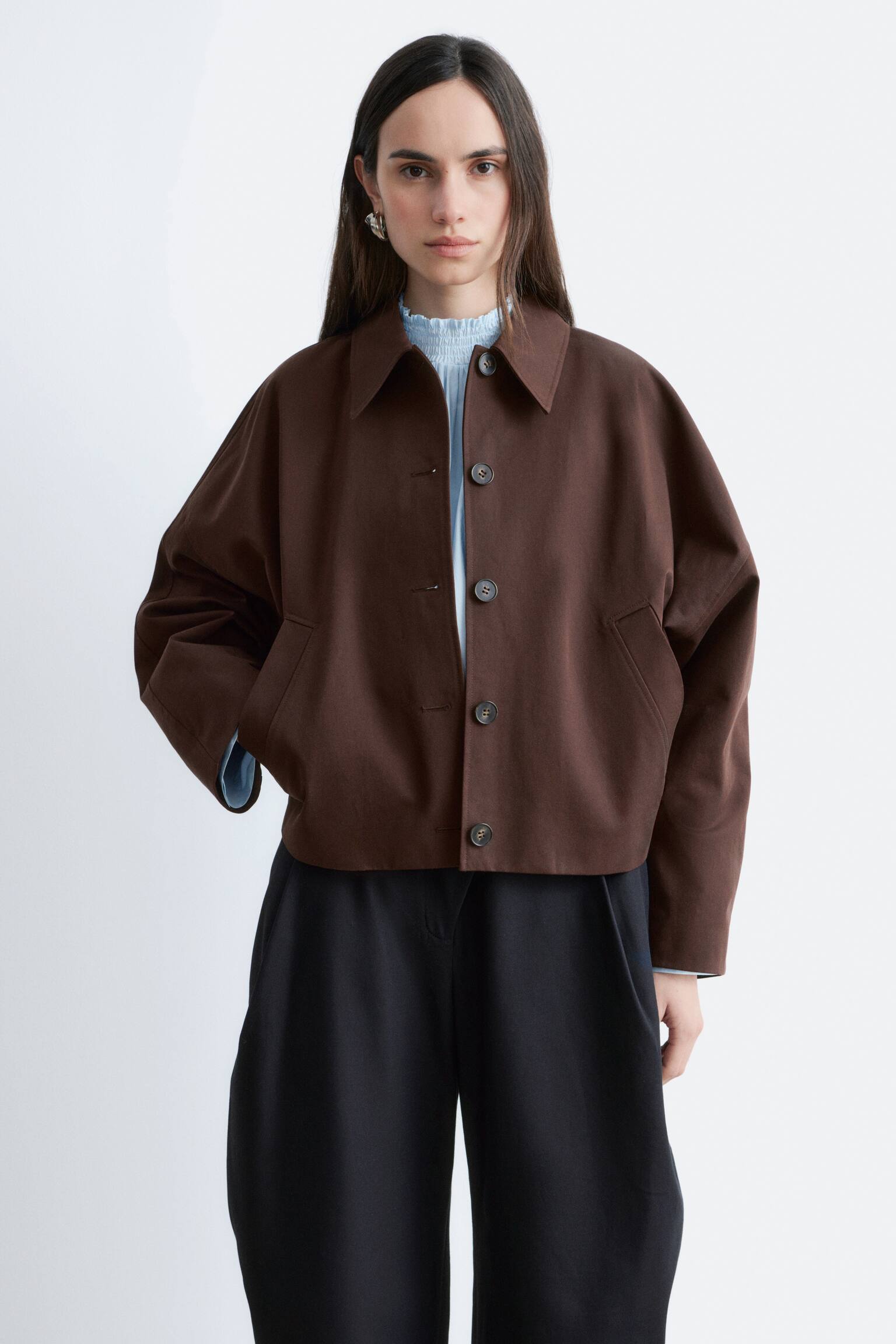 Krátká bavlněná bunda - Tmavě hnědá/Béžová - 10