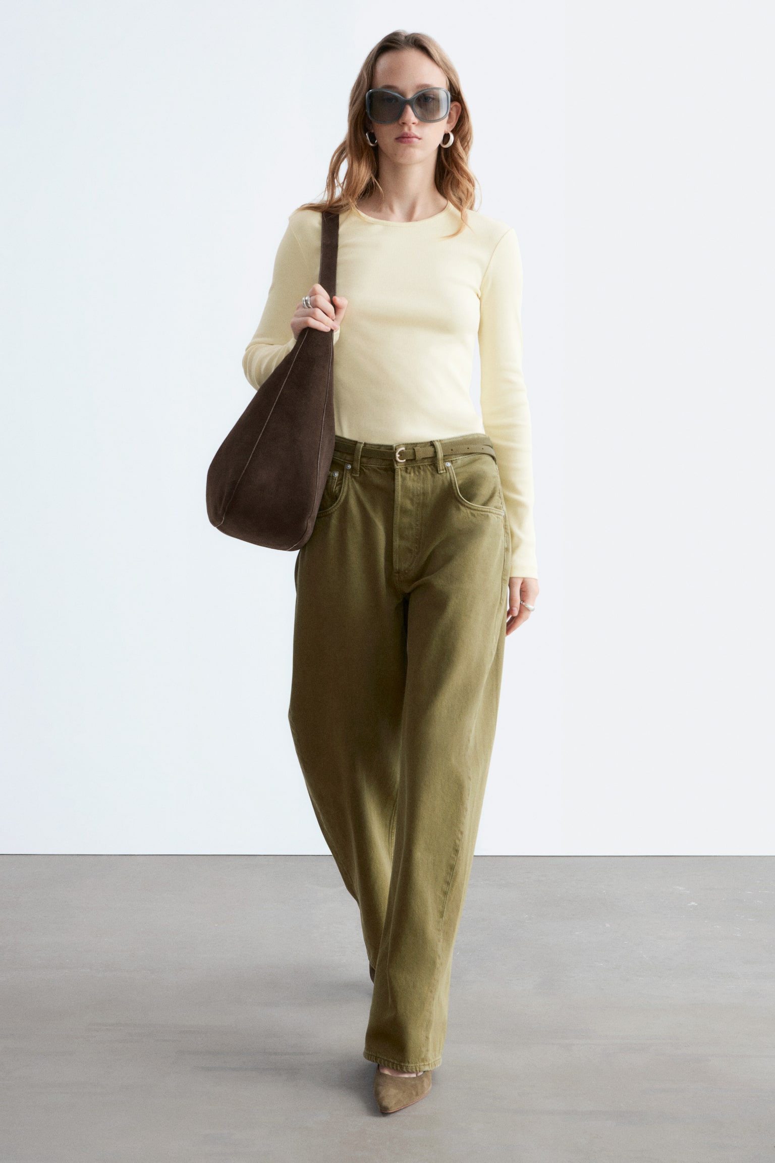 Žebrovaný top s dlouhým rukávem - Pastelově žlutá/Bílá/Světle šedá/Tmavě hnědá/Černá/Hnědé/Bílé pruhy/Béžovo-černé pruhy - 3