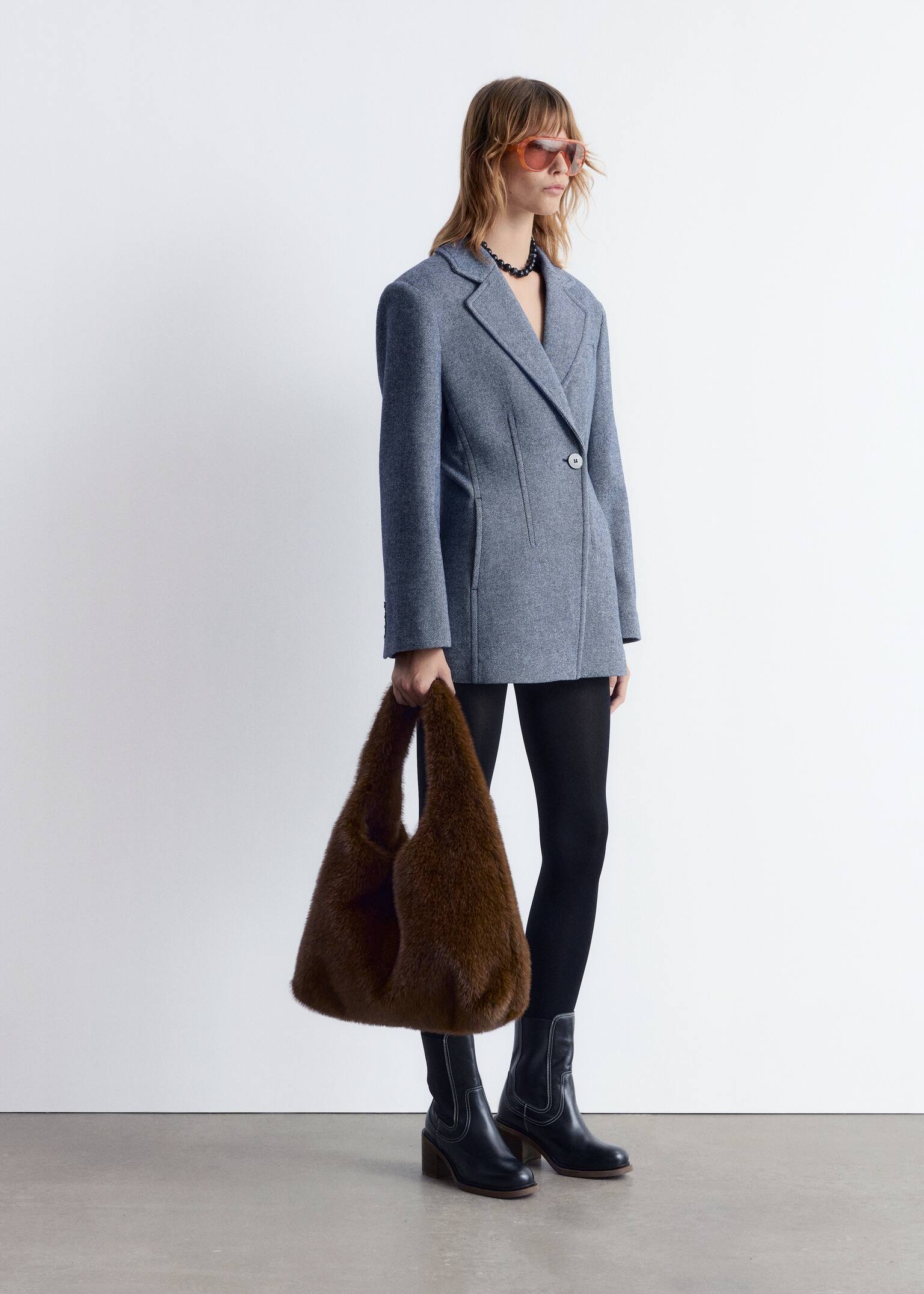 Fitted Shoulder-Pad Blazer - Dusty Blue - 8