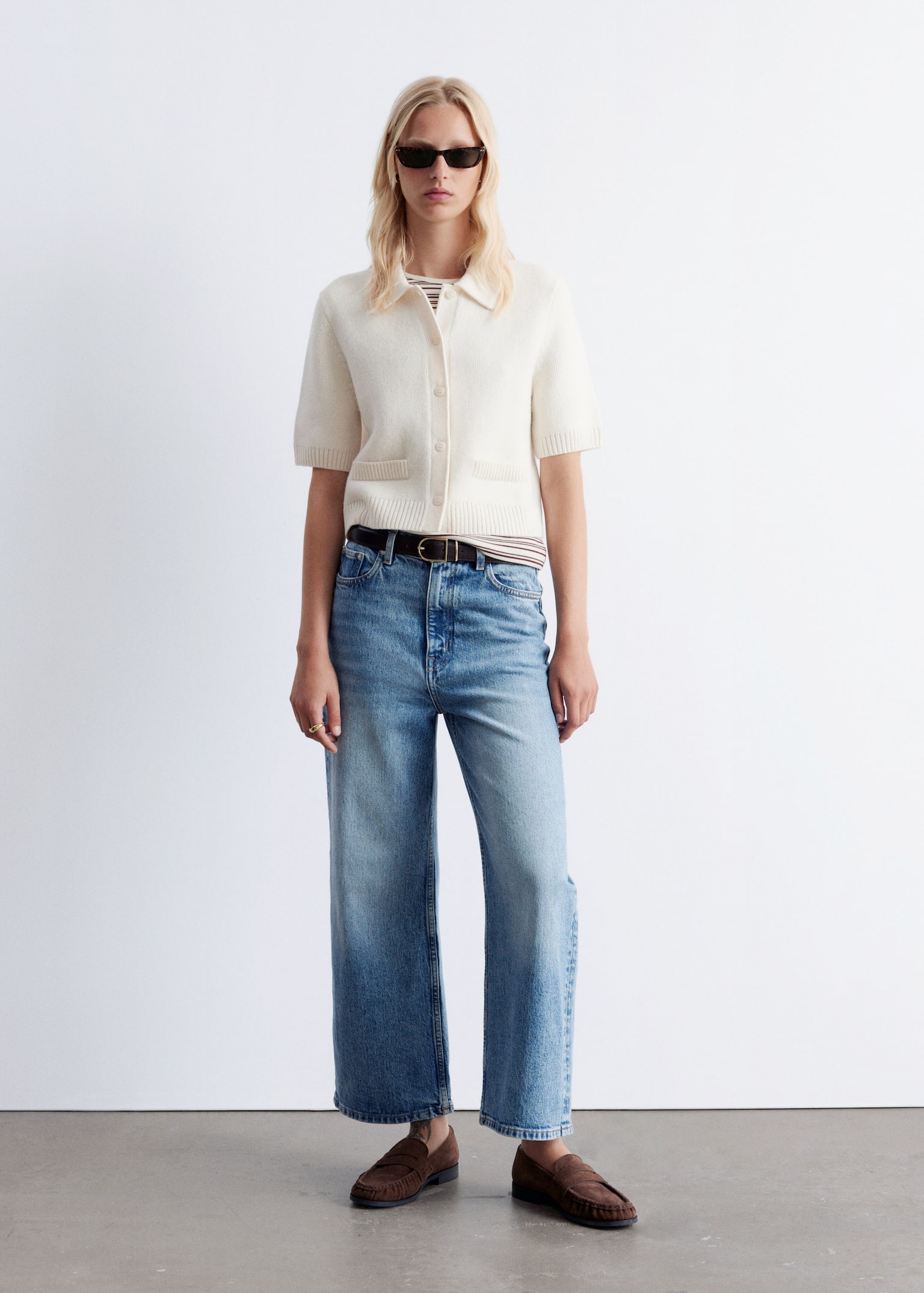 Knitted Short-Sleeve Cardigan - White/Grey/Dusty Blue - 6