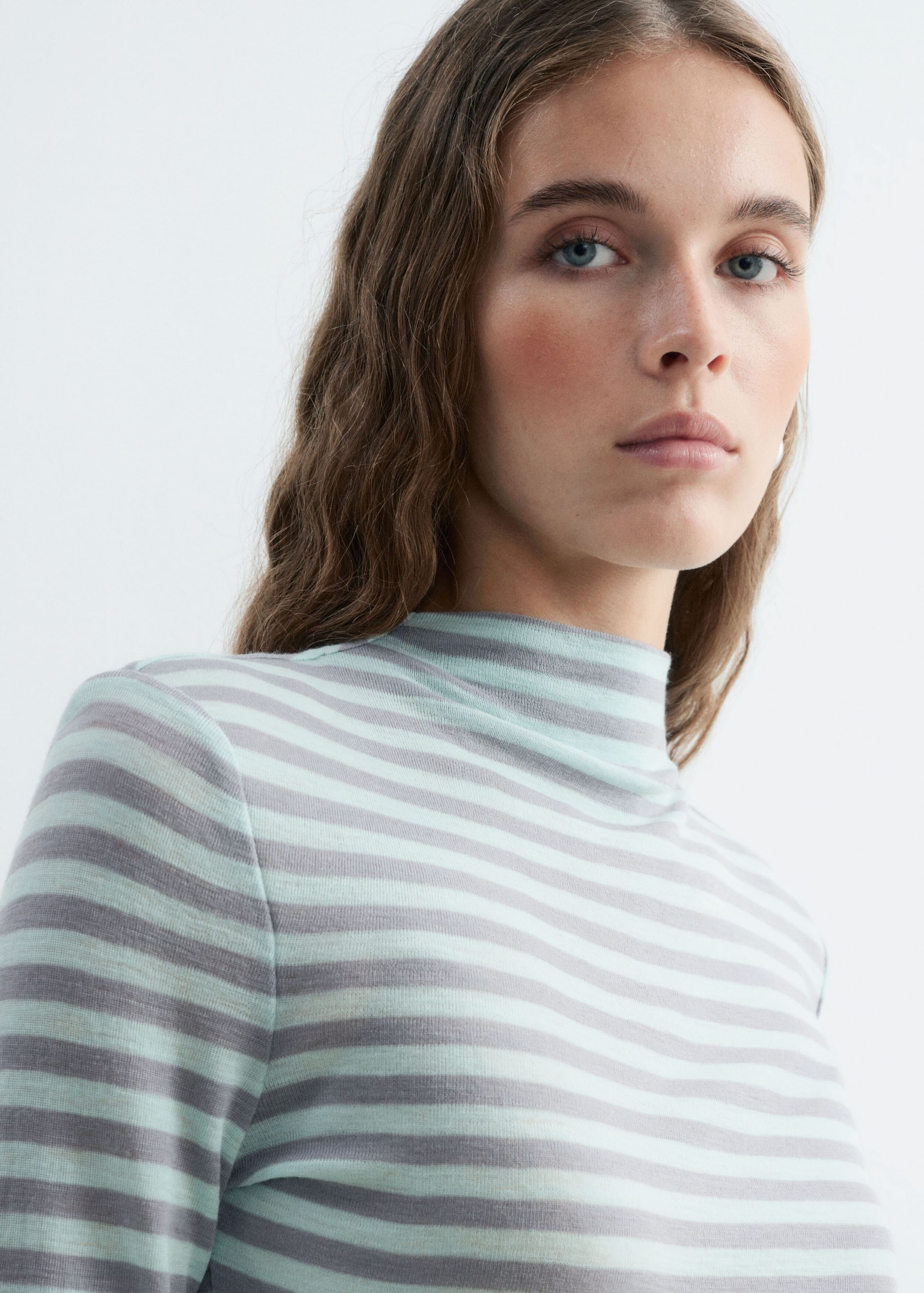 Wool Mock-Neck Top - Mint/Striped - Lookbook