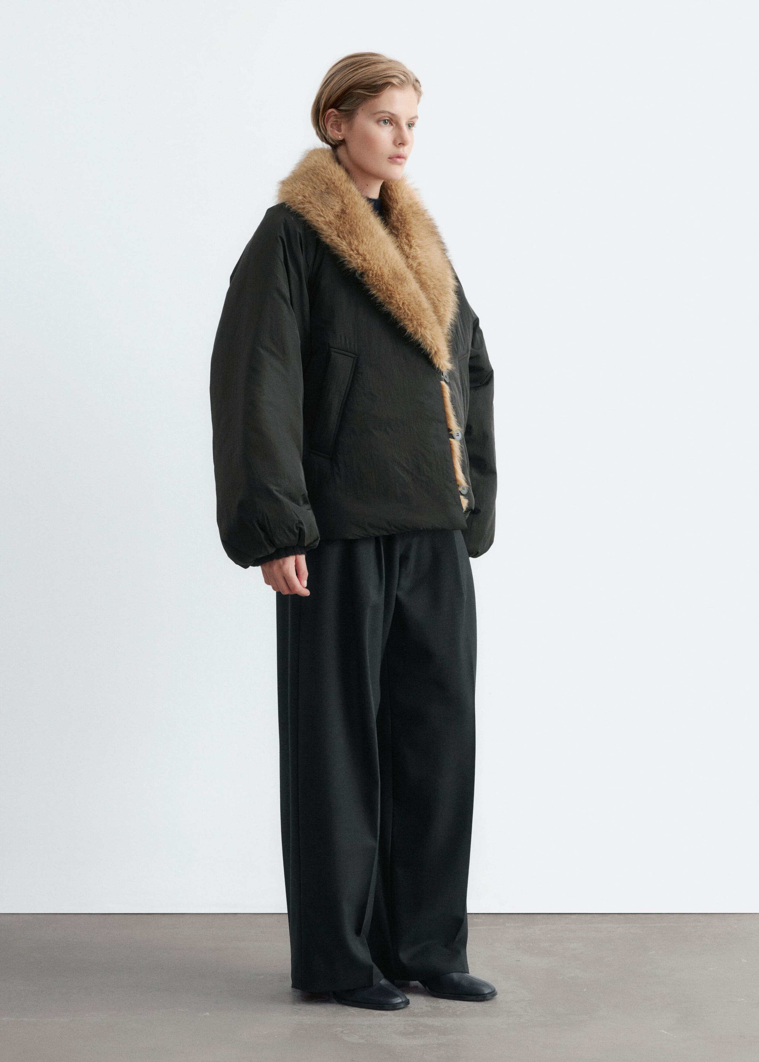 Faux Fur Collar Jacket - Black - Lookbook
