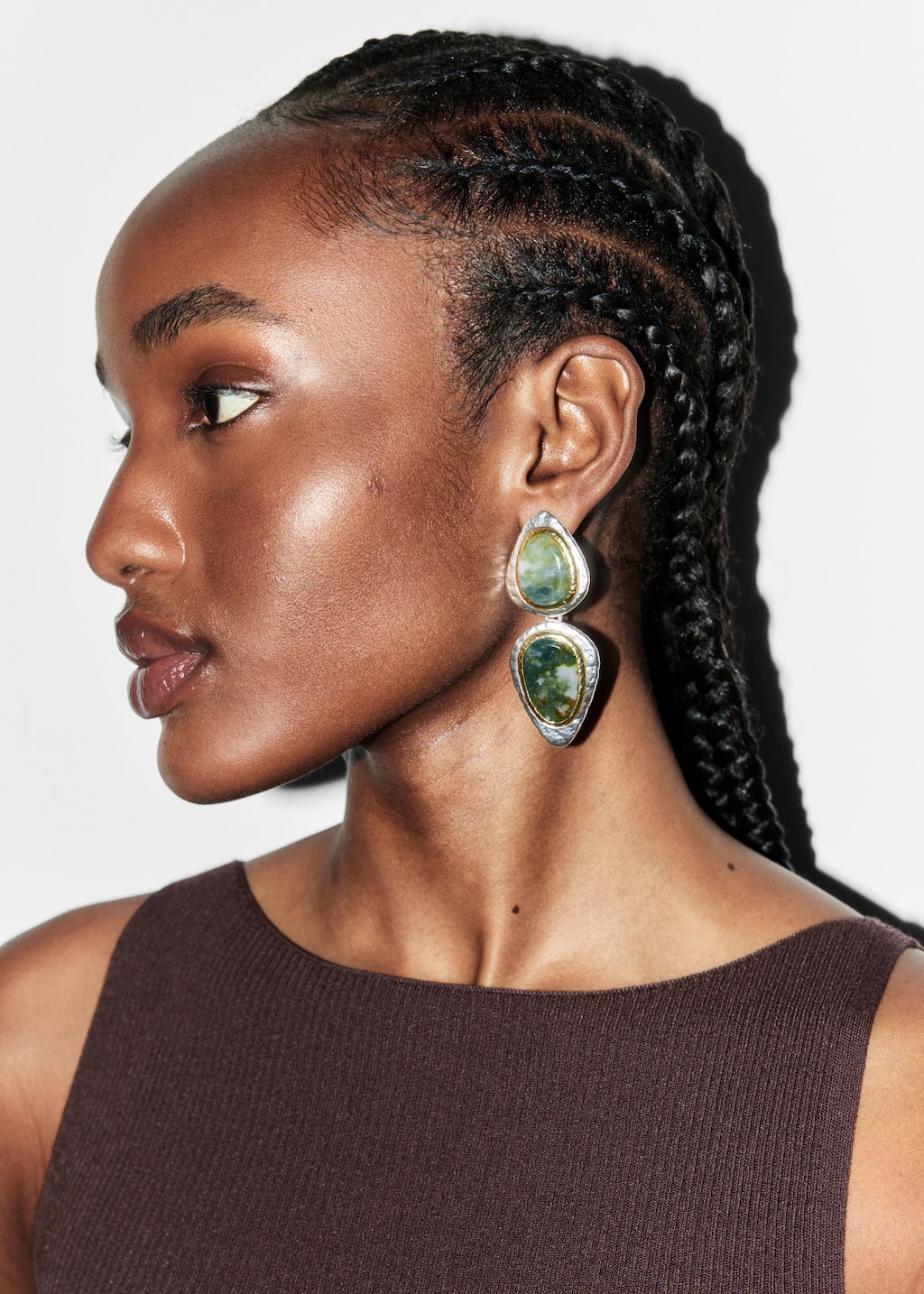Two-Toned Stone Pendant Earrings - Metal/Green - Lookbook
