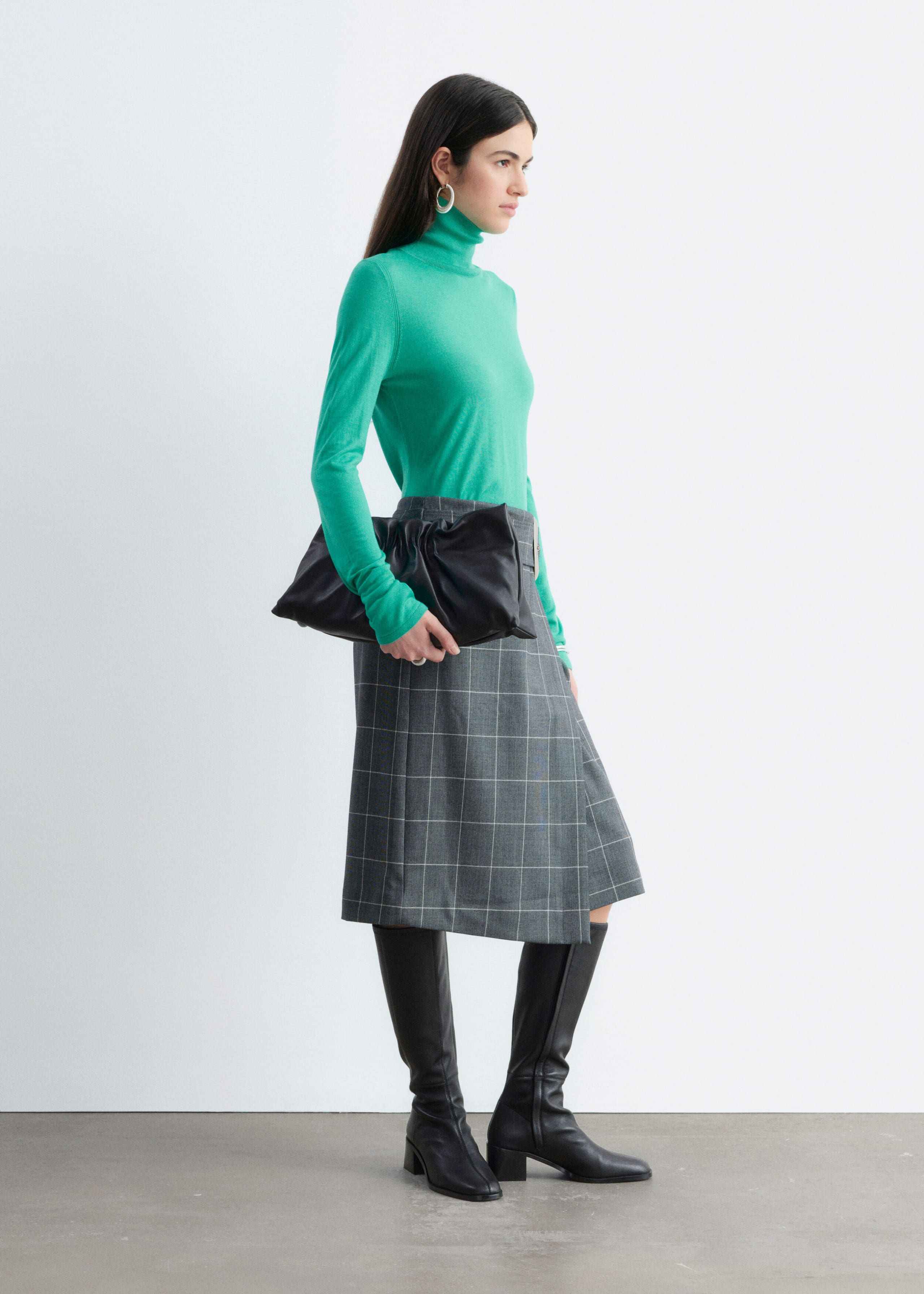 Merino Wool Polo Neck Top - Dark Brown - Lookbook