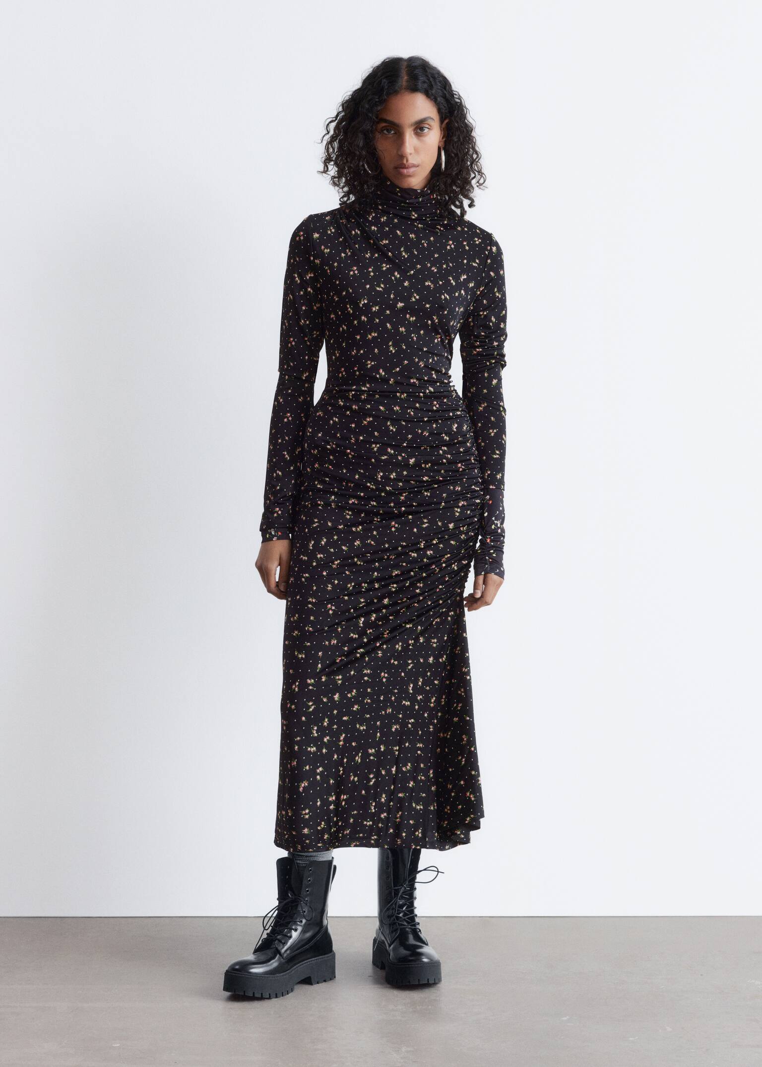 Mock Neck Midi Dress - Black/Floral - 6