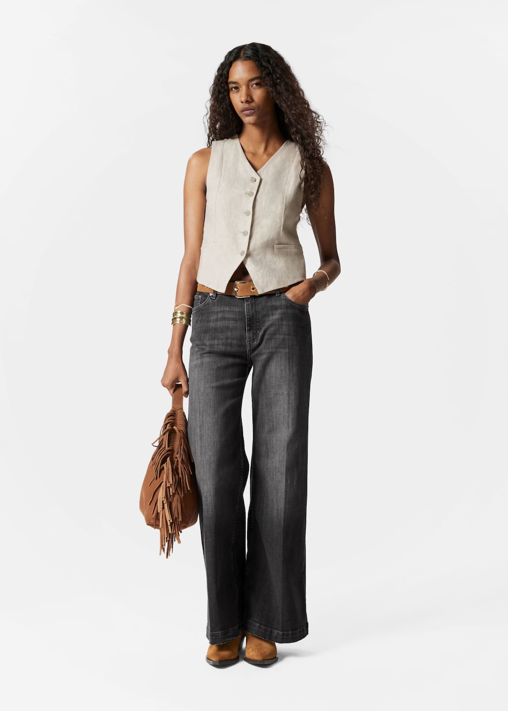 Dopasowana lniana kamizelka – Beżowy – Lookbook