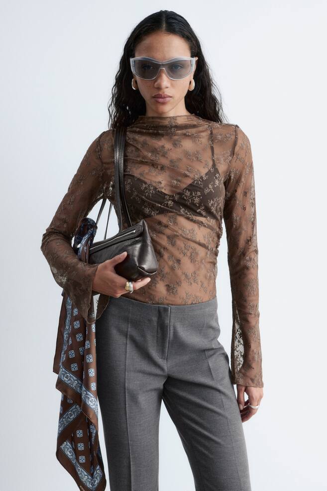 Long-Sleeve Lace Top - Dark Brown - 1