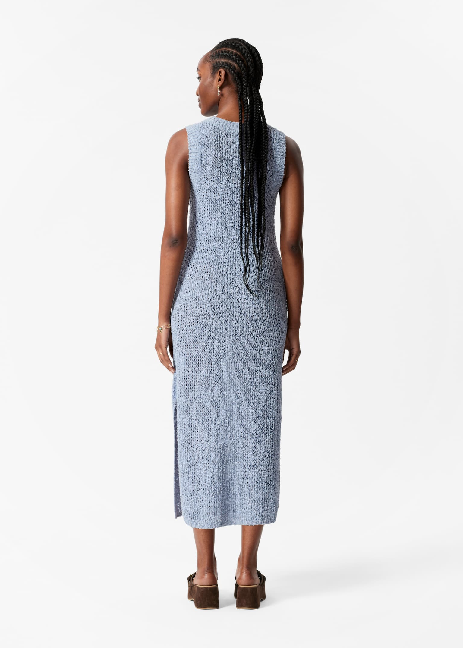 Abito midi in misto seta senza maniche - Blu polvere/Bianco - 5