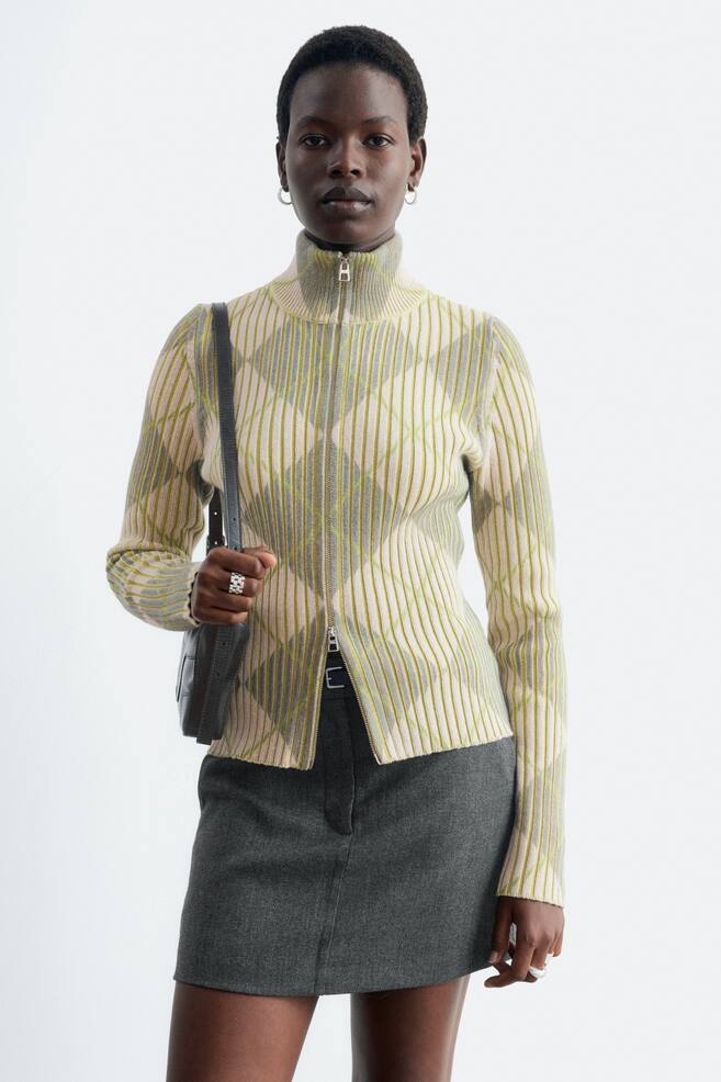 Cardigan in lana e cotone con zip - Beige/Verde/Motivo a quadri - 1