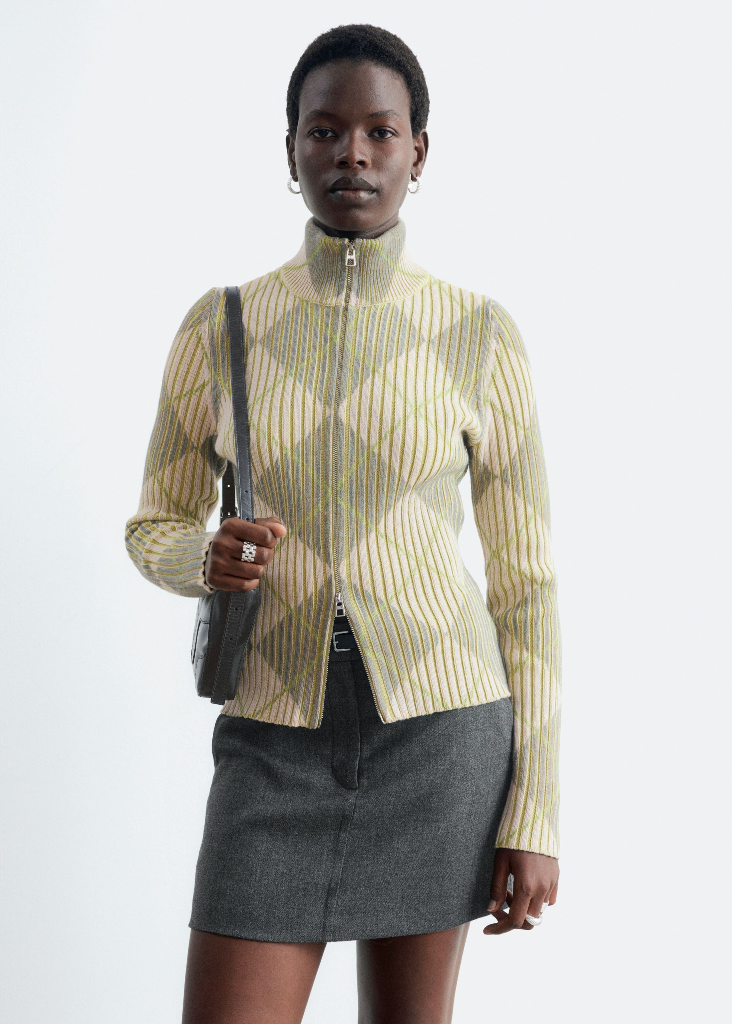 Wool-Cotton Zip Cardigan - Beige/Green/Checked - Lookbook