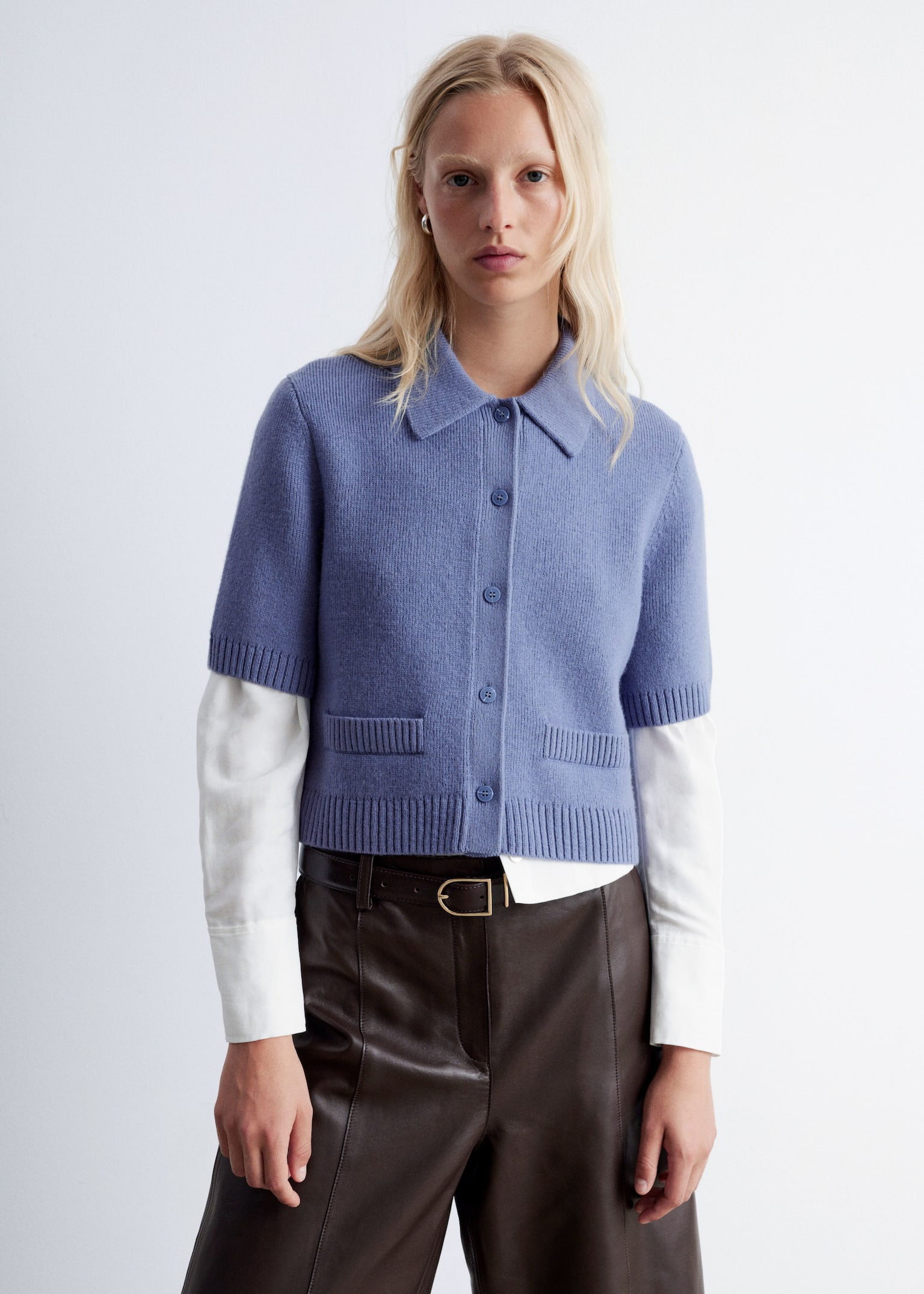 Stickad cardigan med kort ärm - Gråblå/Vit/Grå - 3