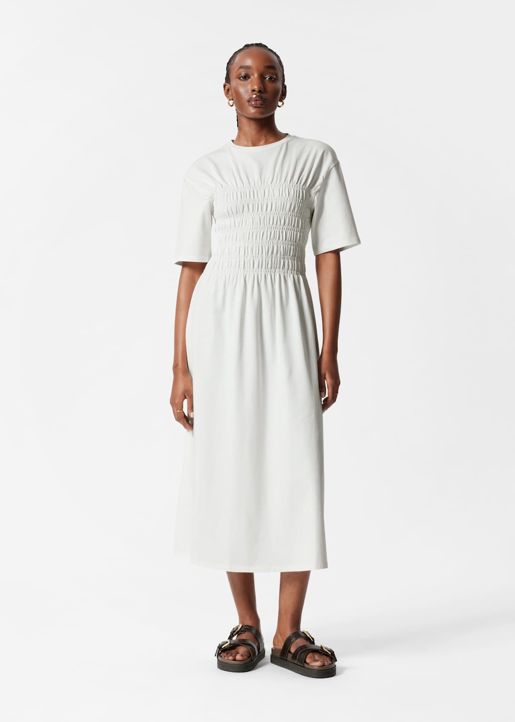 Image of Vestido midi fruncido con nido de abeja