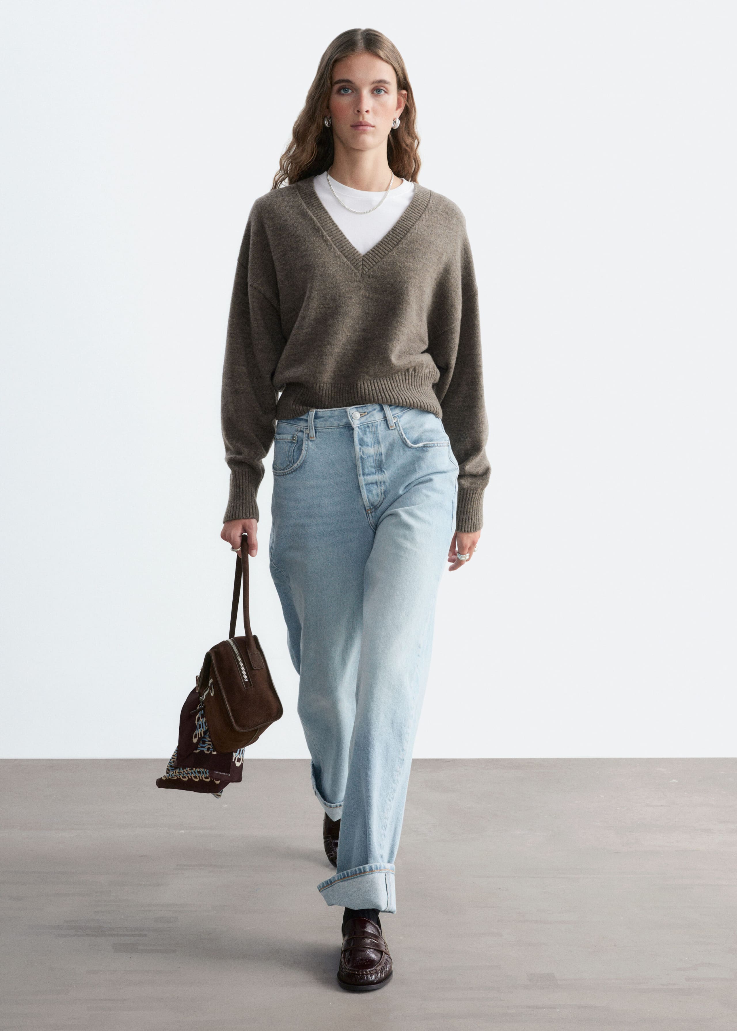 Wool-Cotton V-Neck Jumper - Grey - Lookbook