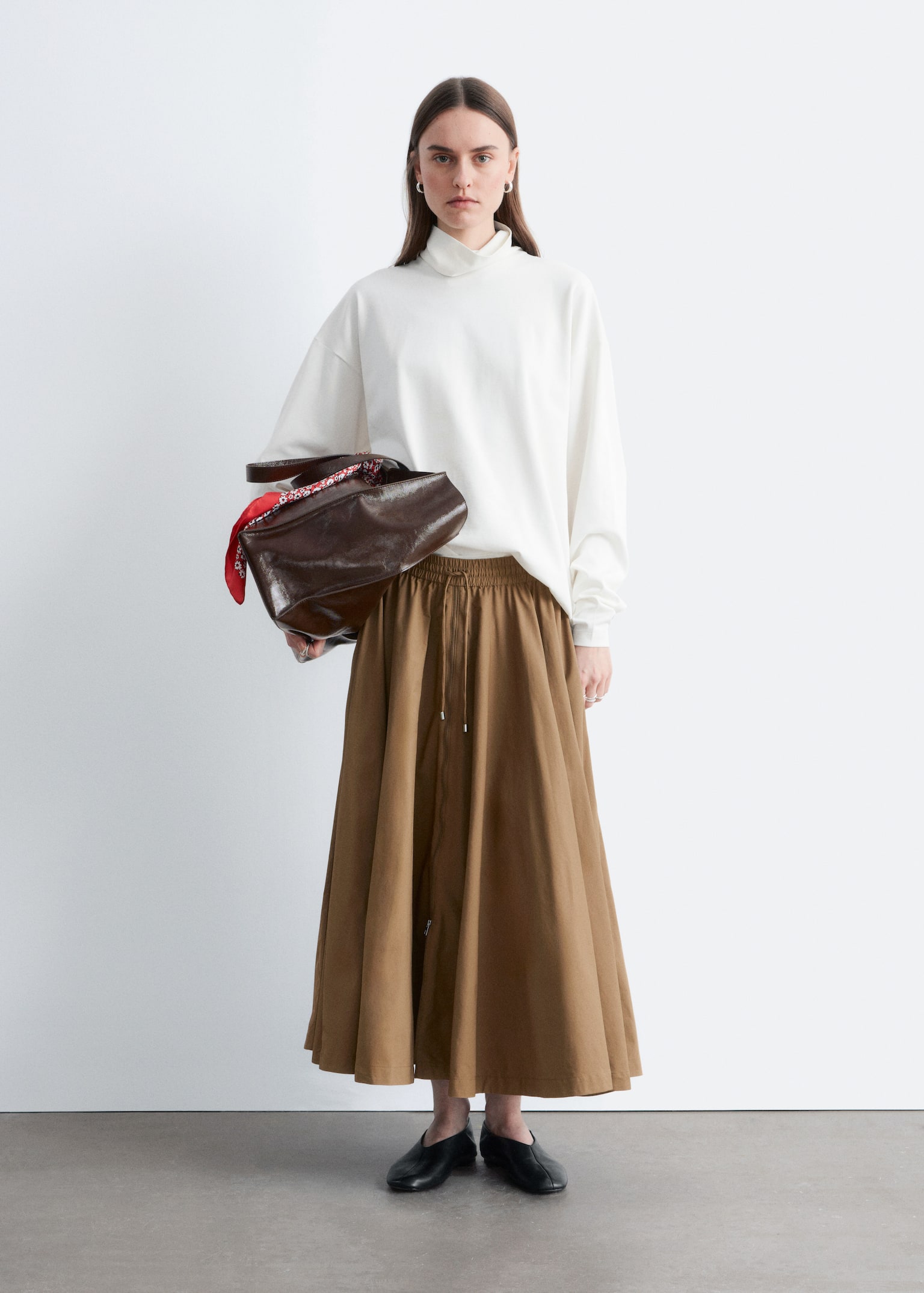 Voluminous Drawstring Midi Skirt - Brown - 1