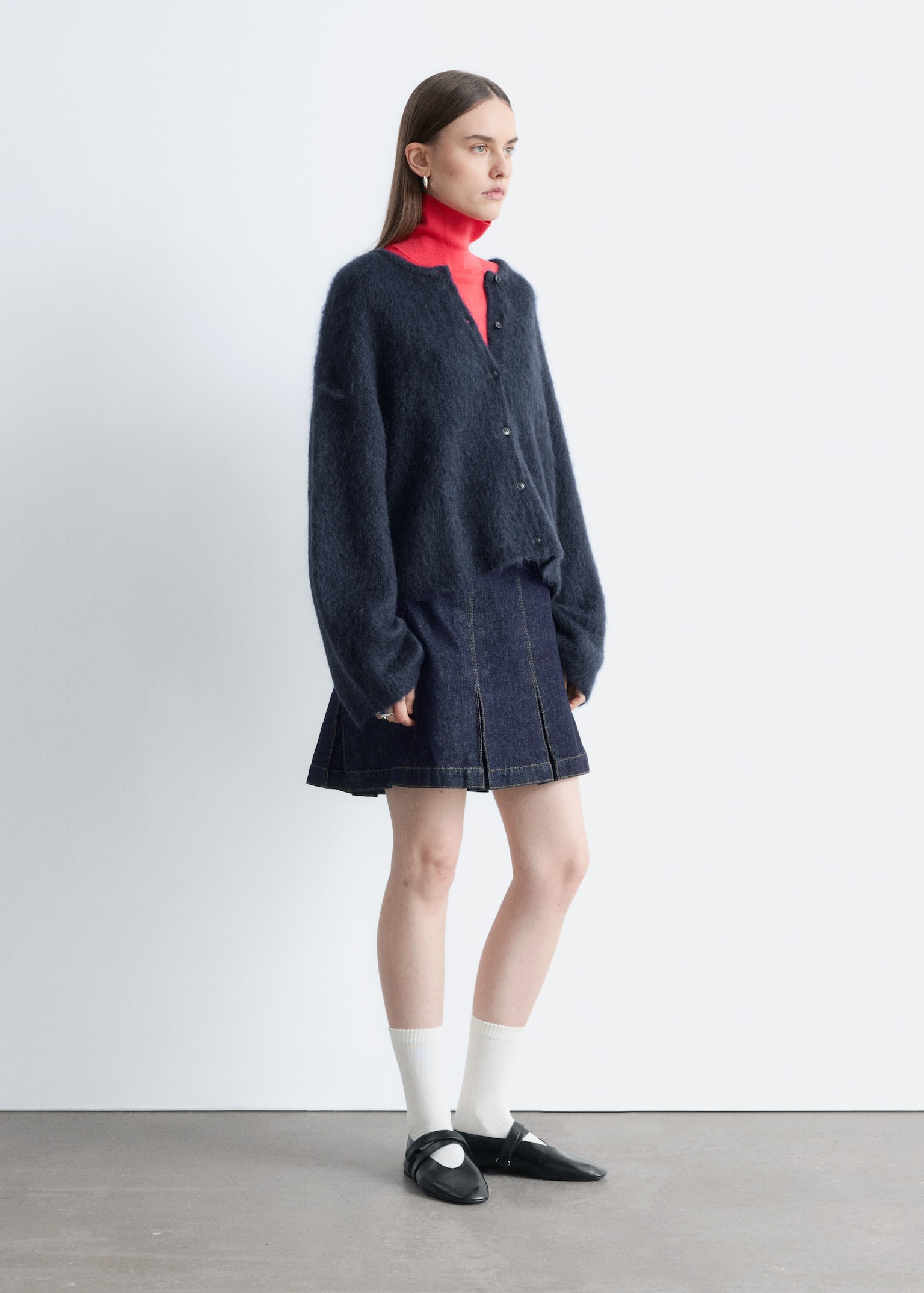 Cardigan i børstet mohairblend - Marineblå/Knaldrød/Lysegrå - 4