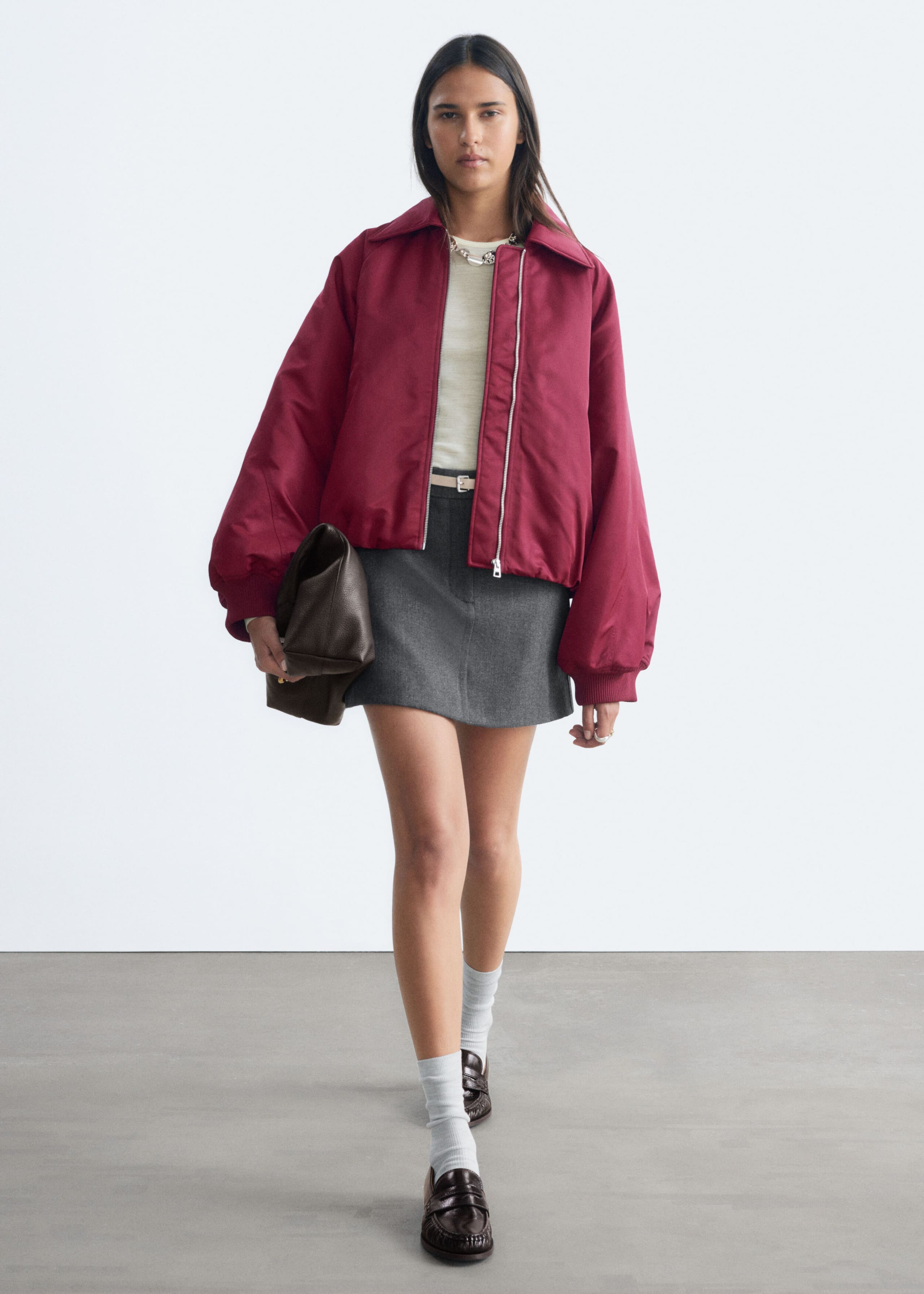 Collared Bomber Jacket - Burgundy - Lookbook
