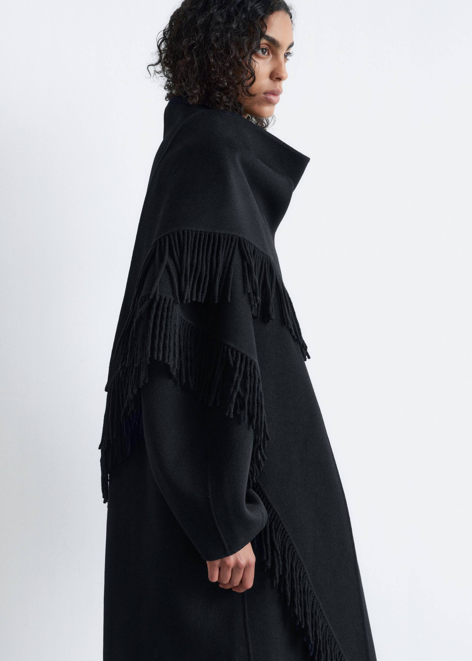 Fringed Shawl Wool Coat - Black - 5