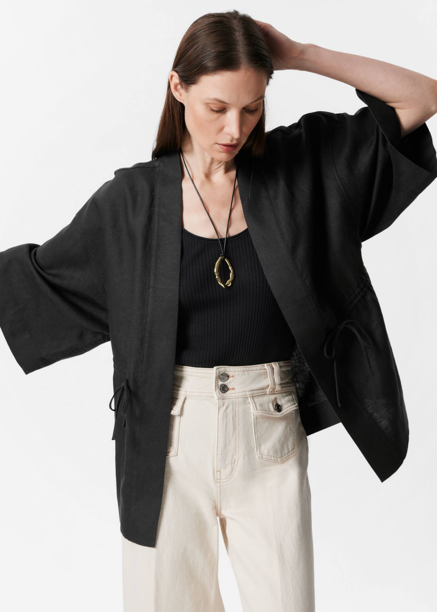 Blazer in lino con coulisse - Nero/Verde kaki - 3