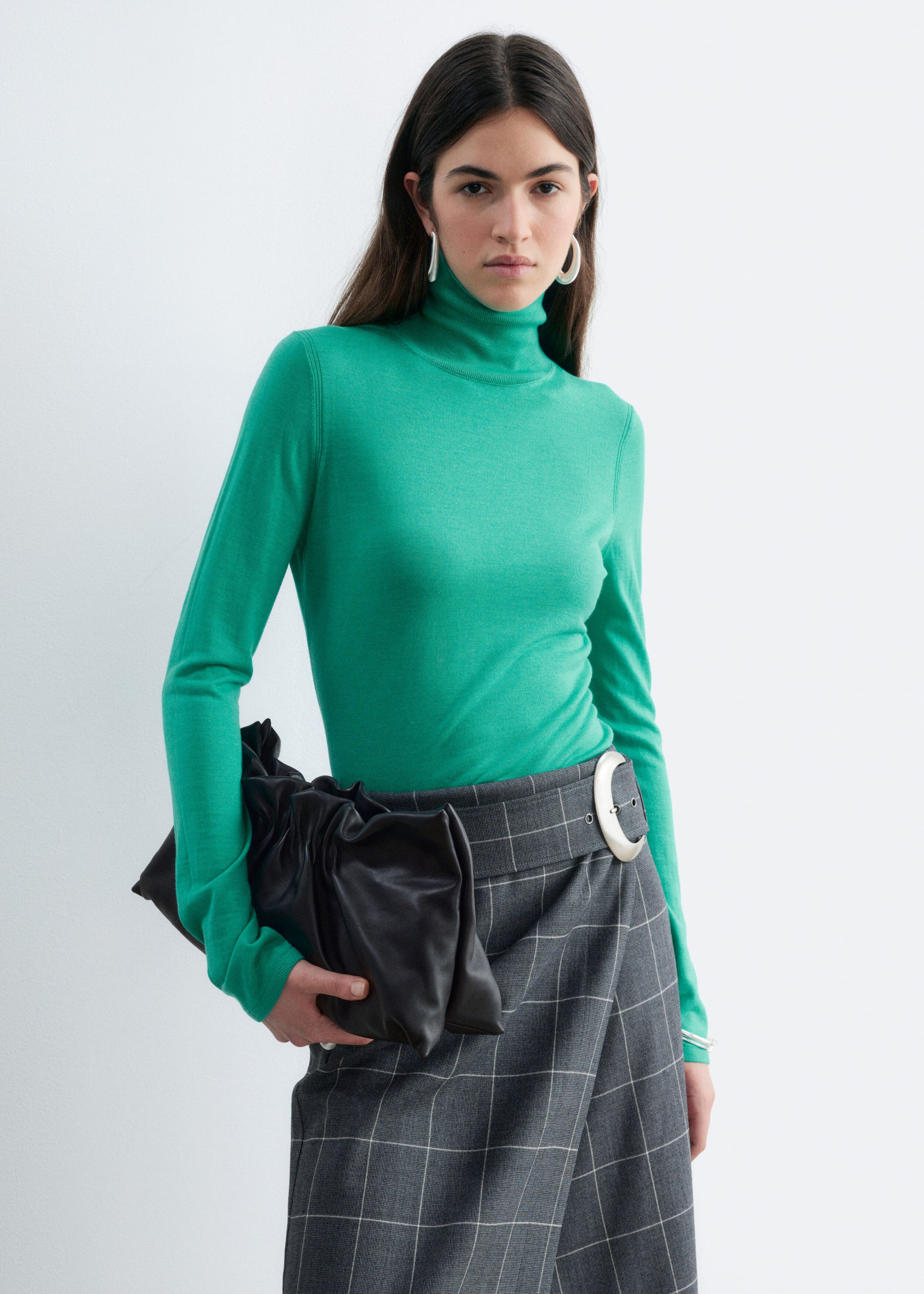Merino Wool Polo Neck Top - Dark Brown - Lookbook