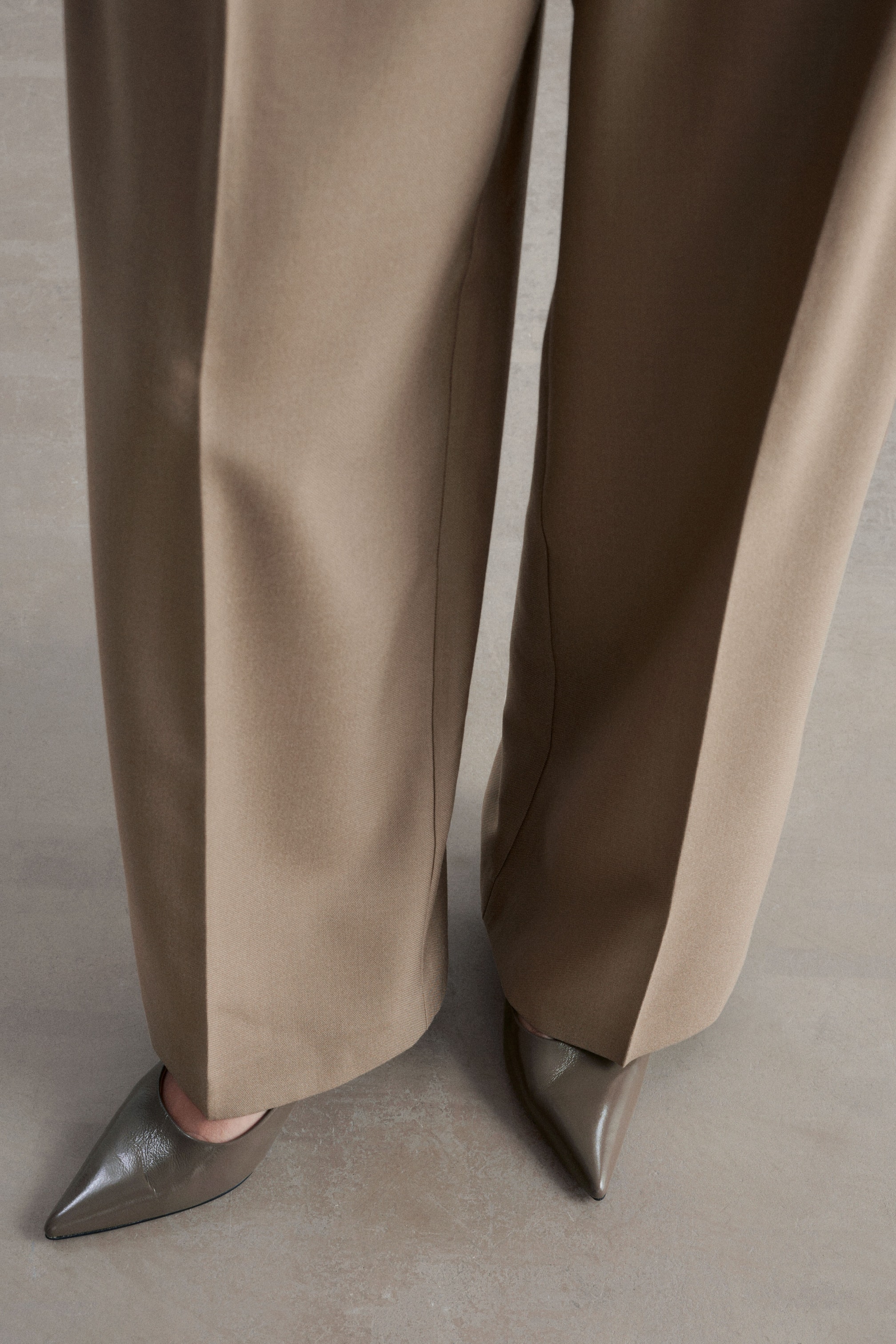 View larger image: Taupe patent leather shoes, featuring pointed toes and a high-shine finish, are being worn by the model. Wide-leg trousers partially cover the shoes.