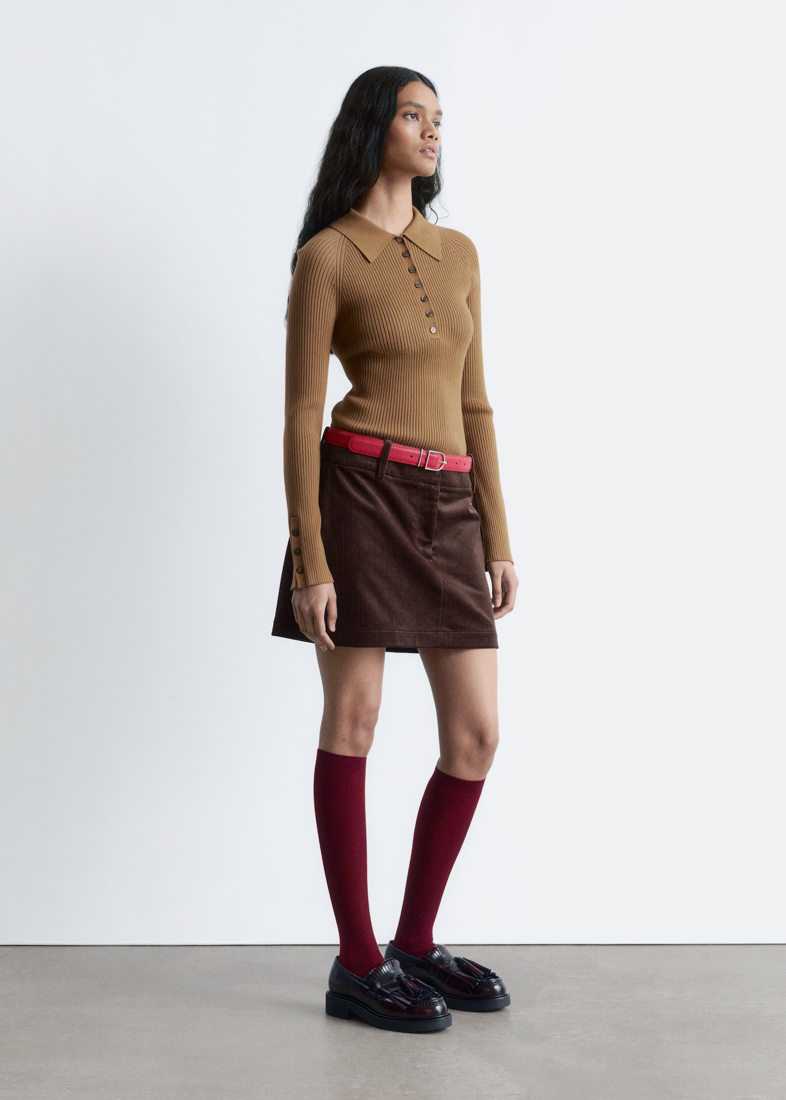 Rib-Knit Polo Shirt - Caramel Brown/Dark Brown/Light Blue - 5