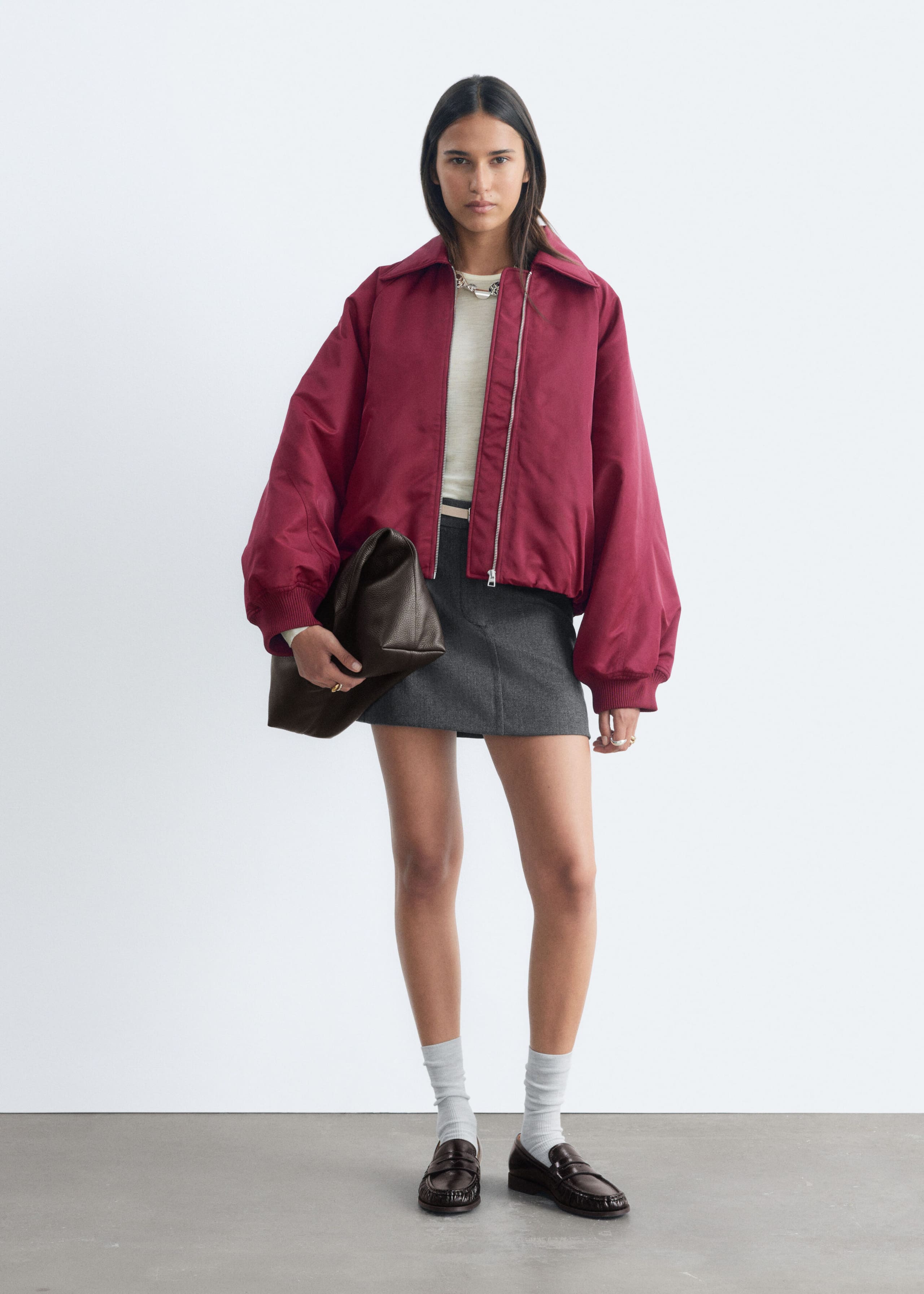 Collared Bomber Jacket - Burgundy - Lookbook