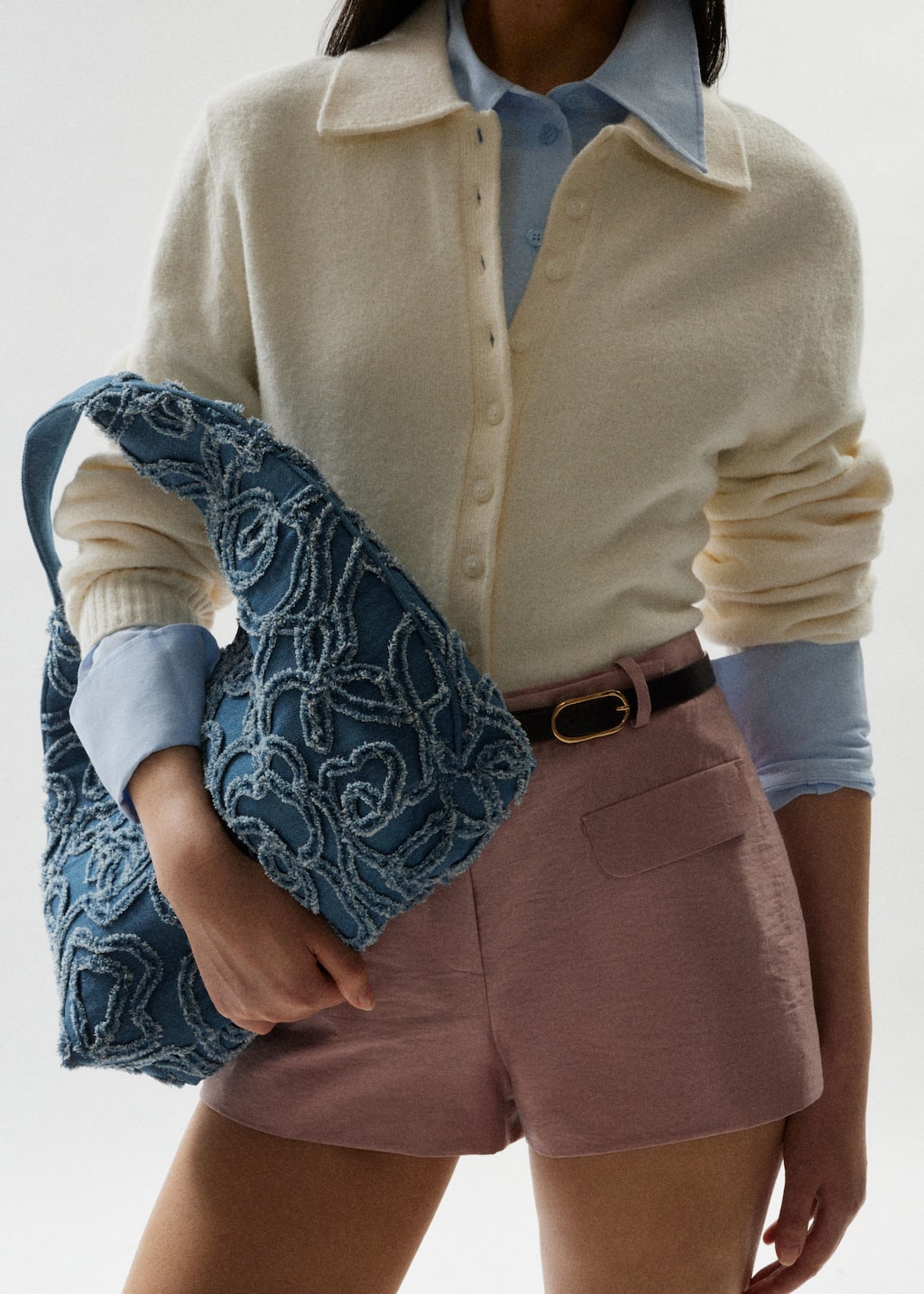 Small Appliquéd Denim Tote Bag - Cream - Lookbook