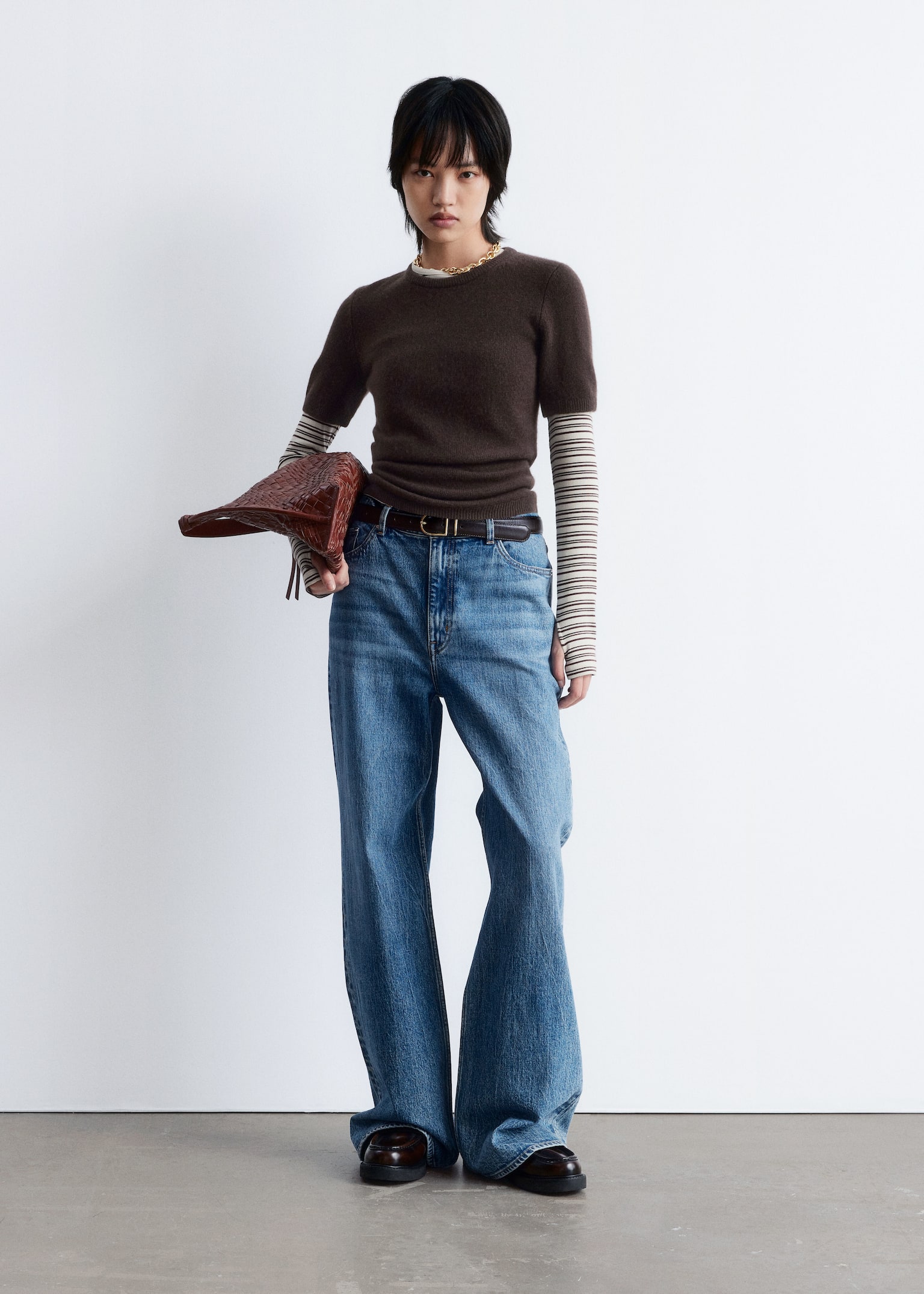 T-shirt in cashmere lavorata a maglia - Marrone scuro/Grigio chiaro/Rosso scuro