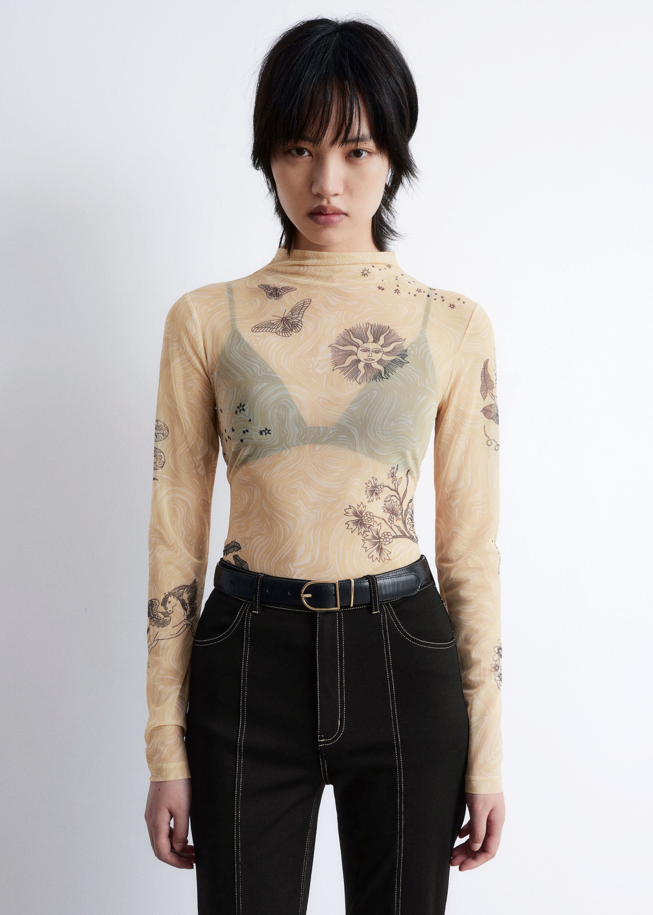 Grösseres Bild ansehen: Oberteil mit Stehkragen - Beige bedruckt - DAMEN | H&M CH 1