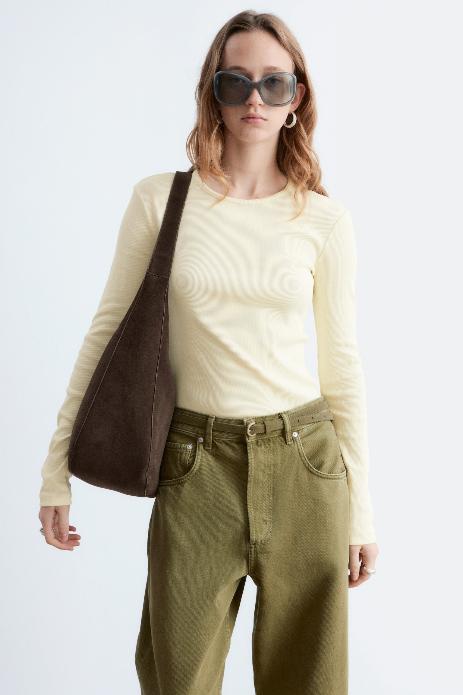 Žebrovaný top s dlouhým rukávem - Pastelově žlutá/Bílá/Světle šedá/Tmavě hnědá/Černá/Hnědé/Bílé pruhy/Béžovo-černé pruhy - 4