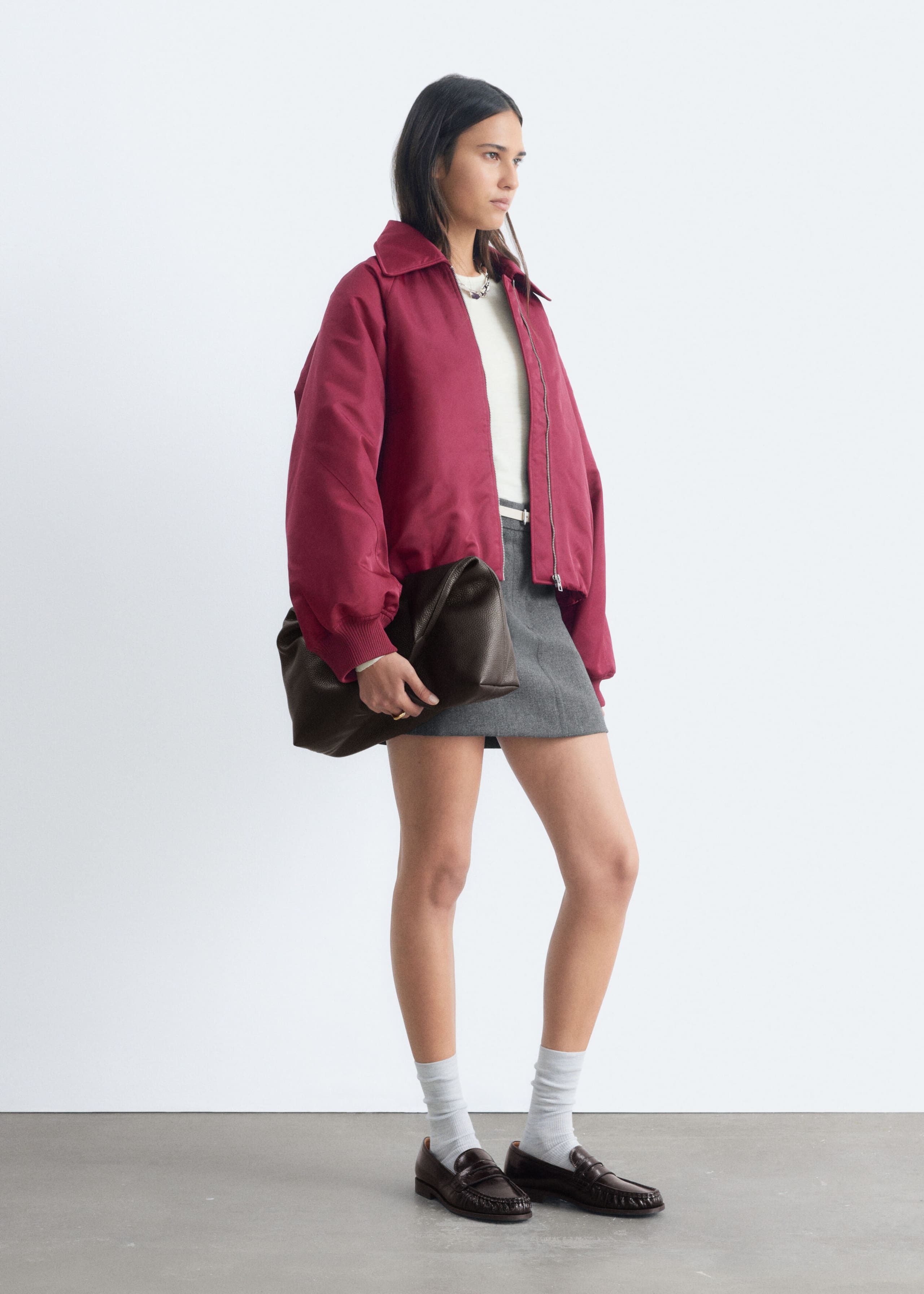 Collared Bomber Jacket - Burgundy - Lookbook