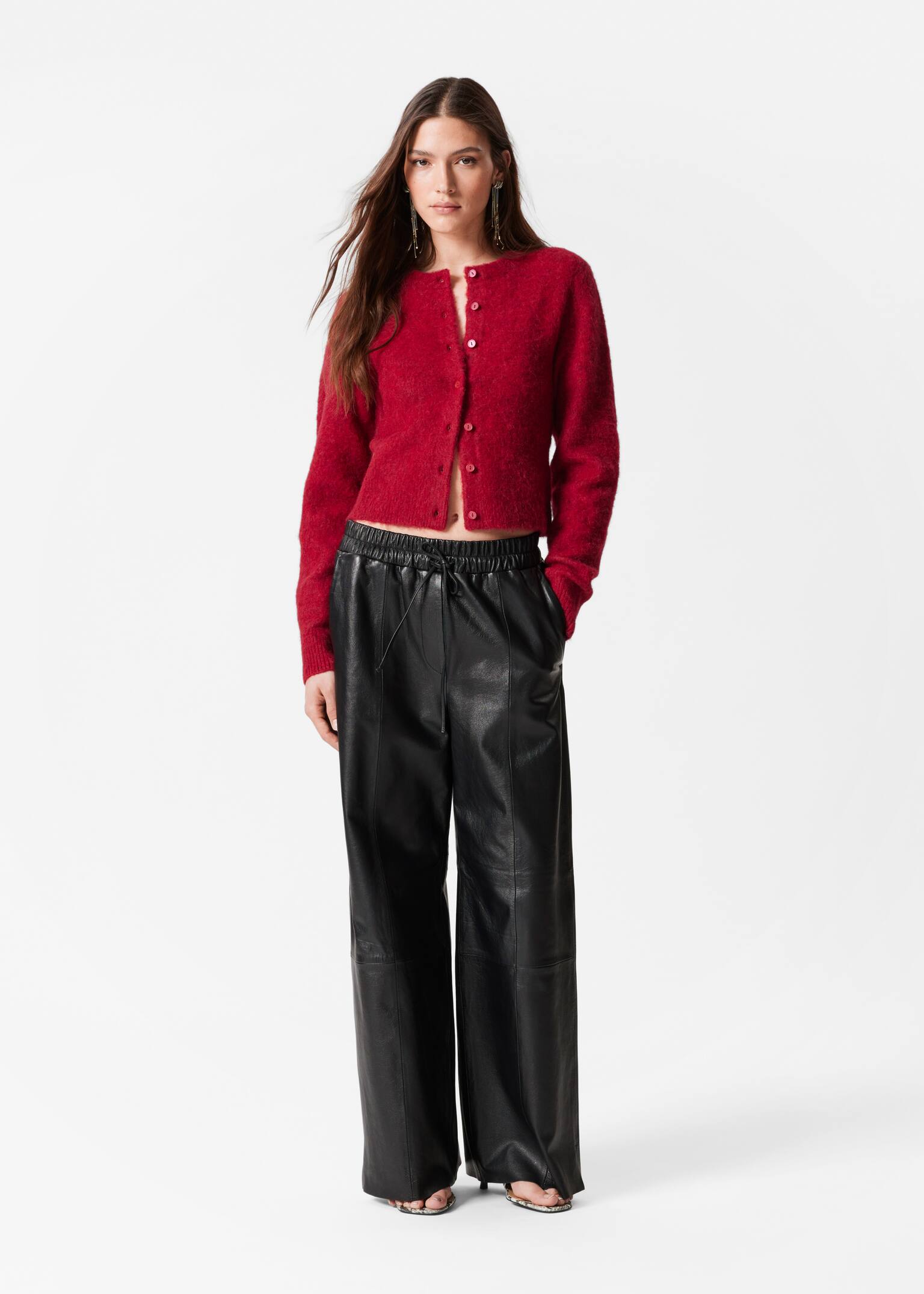 Alpaca-Blend Knit Cardigan - Dark Red/Greige - 3