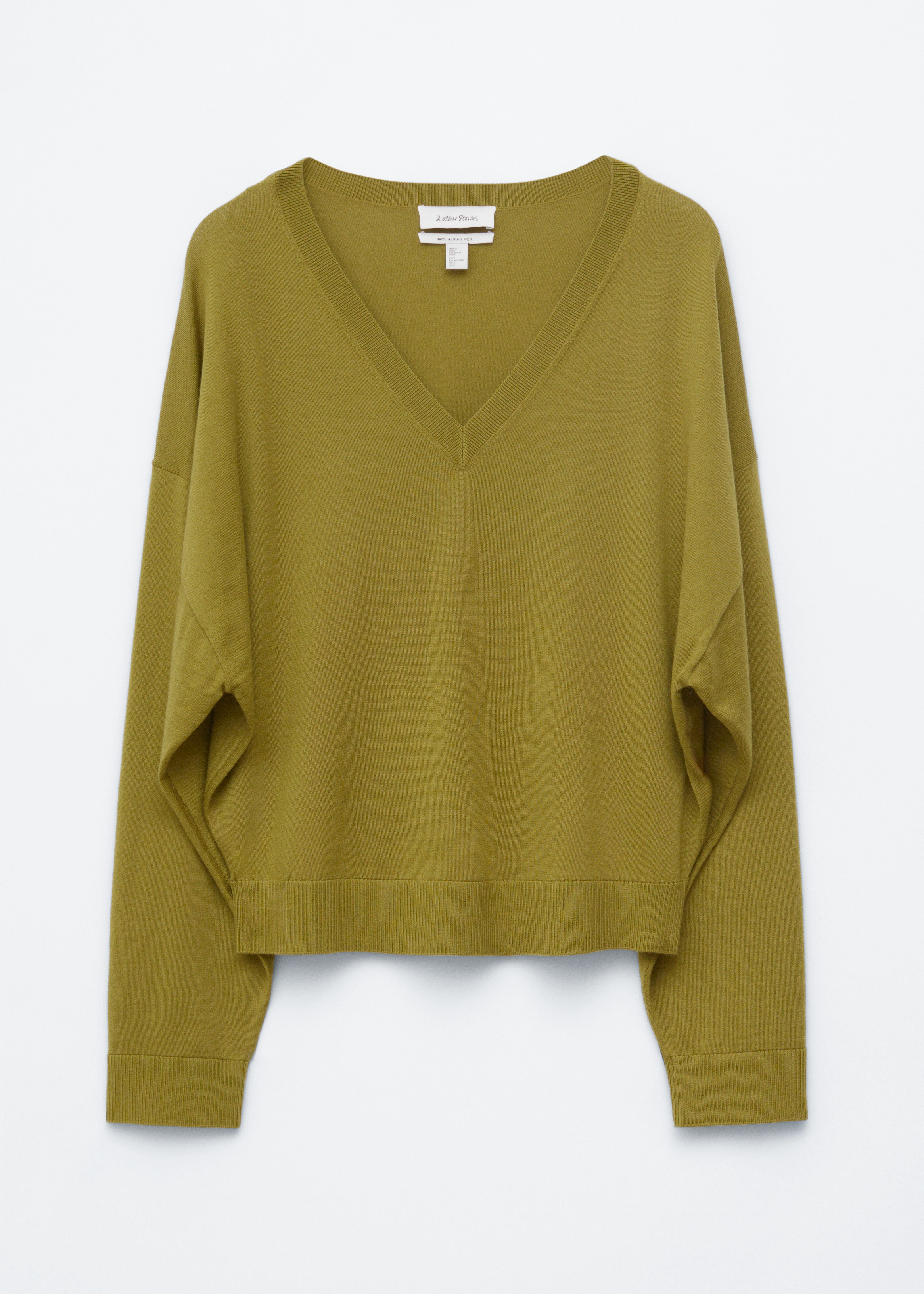 Wełniany sweter z dekoltem w szpic - Zielony khaki/Jasny turkusowy melanż/Ciemnoniebieski