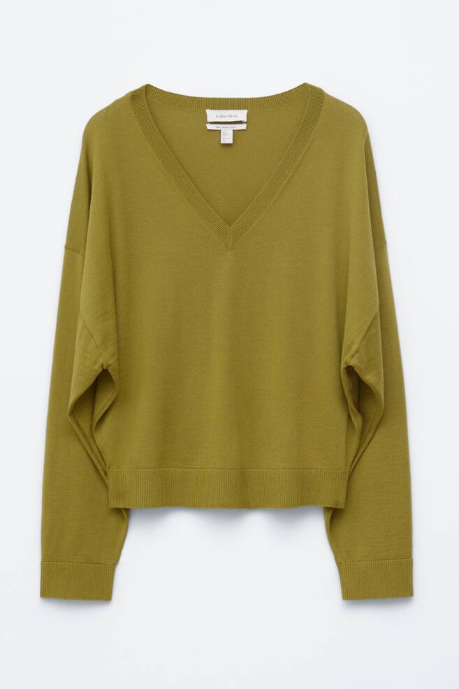 Pull en laine mérinos à col en V - Vert kaki/Bleu foncé - 1