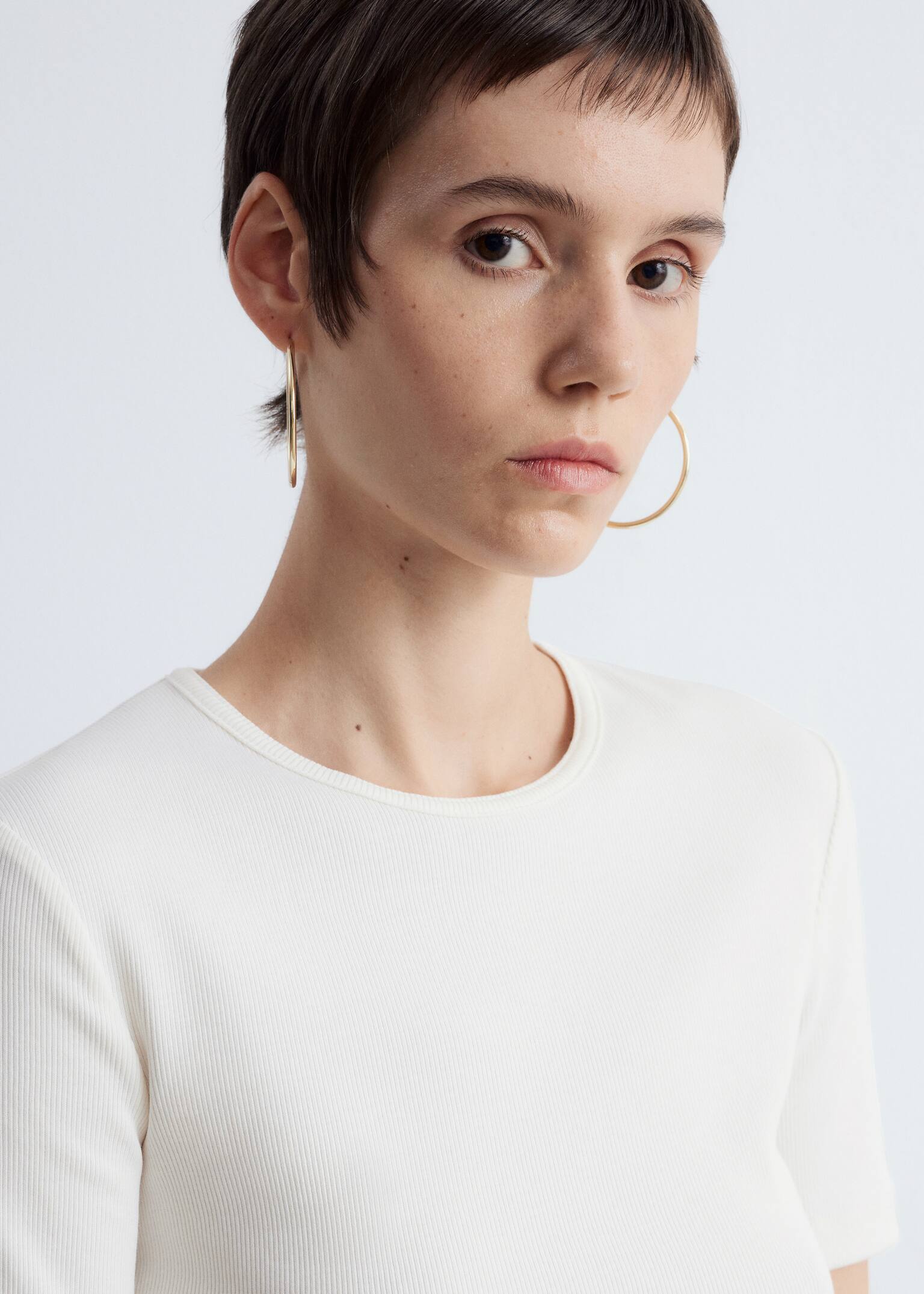 Geribbeld T-shirt - Wit/Beige/Donkerblauw/wit gestreept