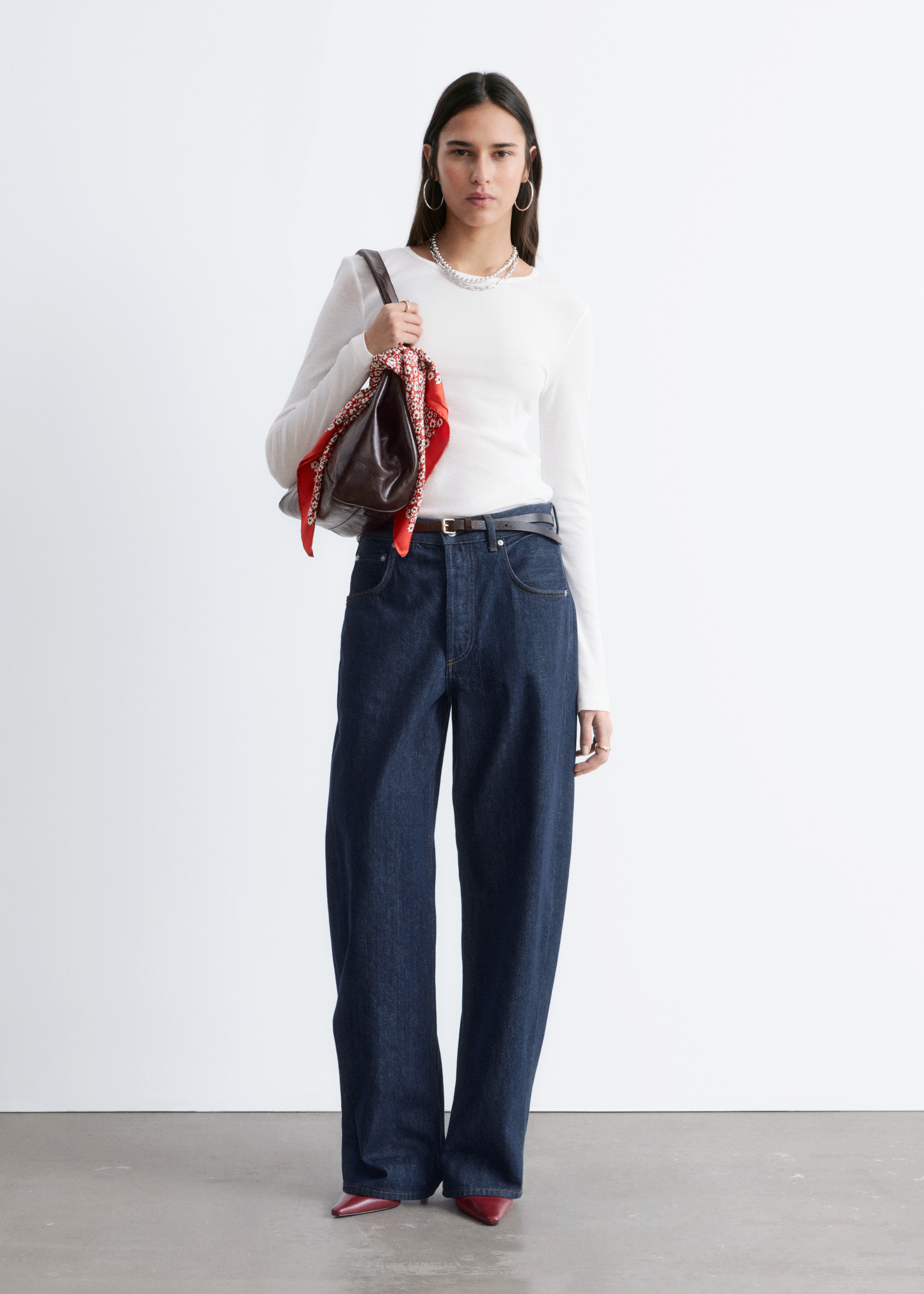 Bawełniany top z długim rękawem - Biały/Ciemnoczerwony