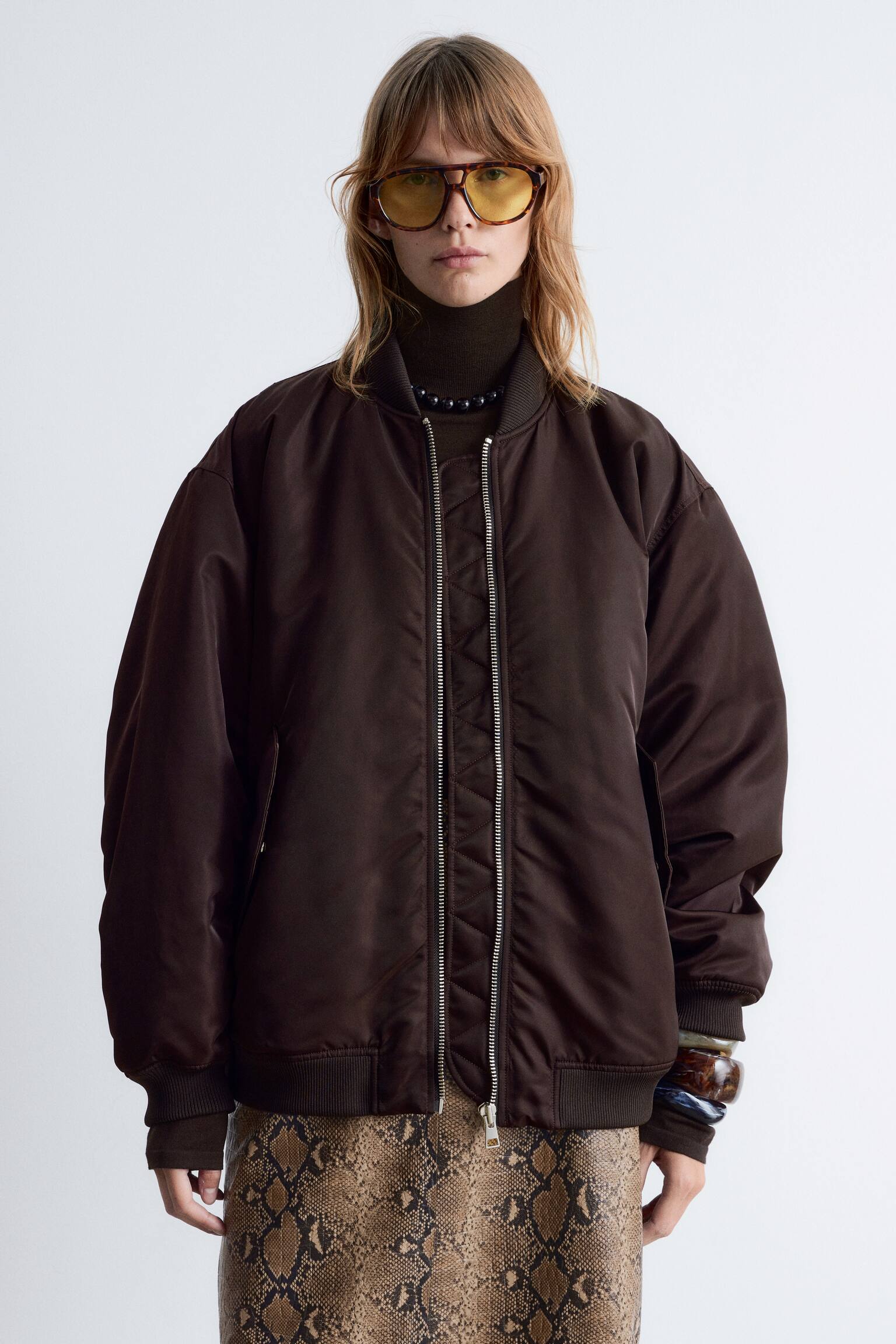 Long Bomber Jacket - Tmavě hnědá/Khaki zelená/Khaki Green - 7