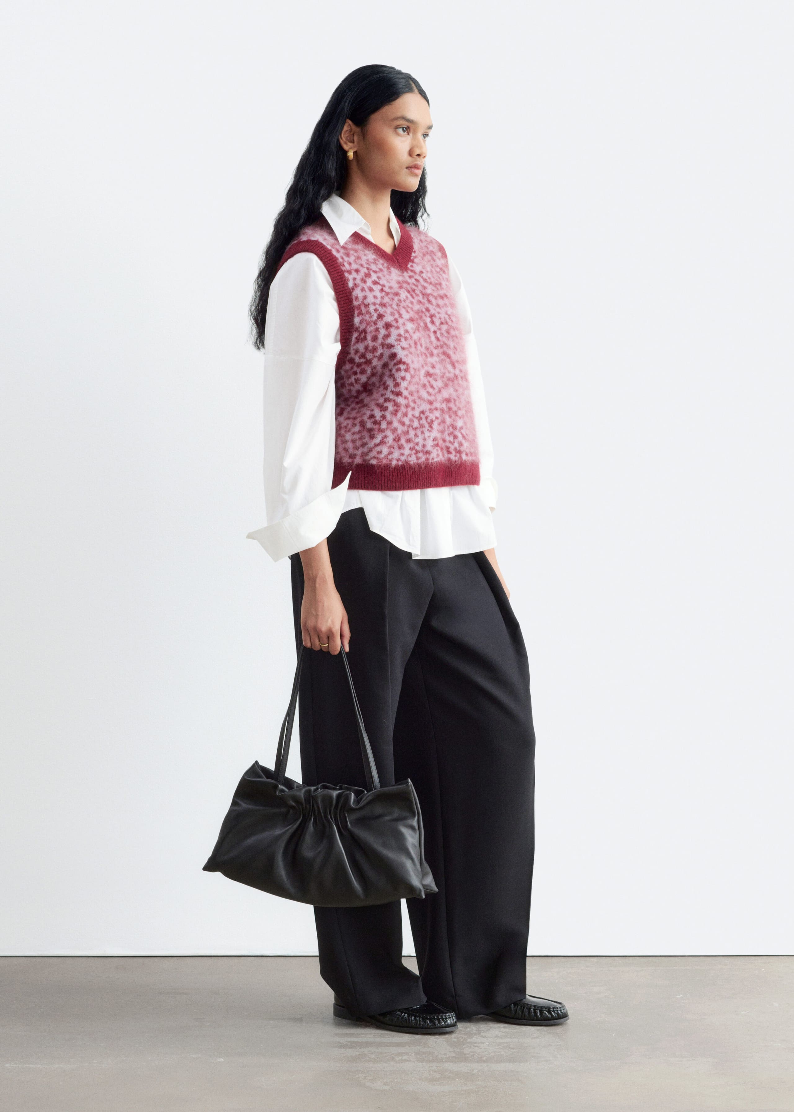 Brushed Wool Jacquard Vest - Khaki Green/Leopard Print - Lookbook