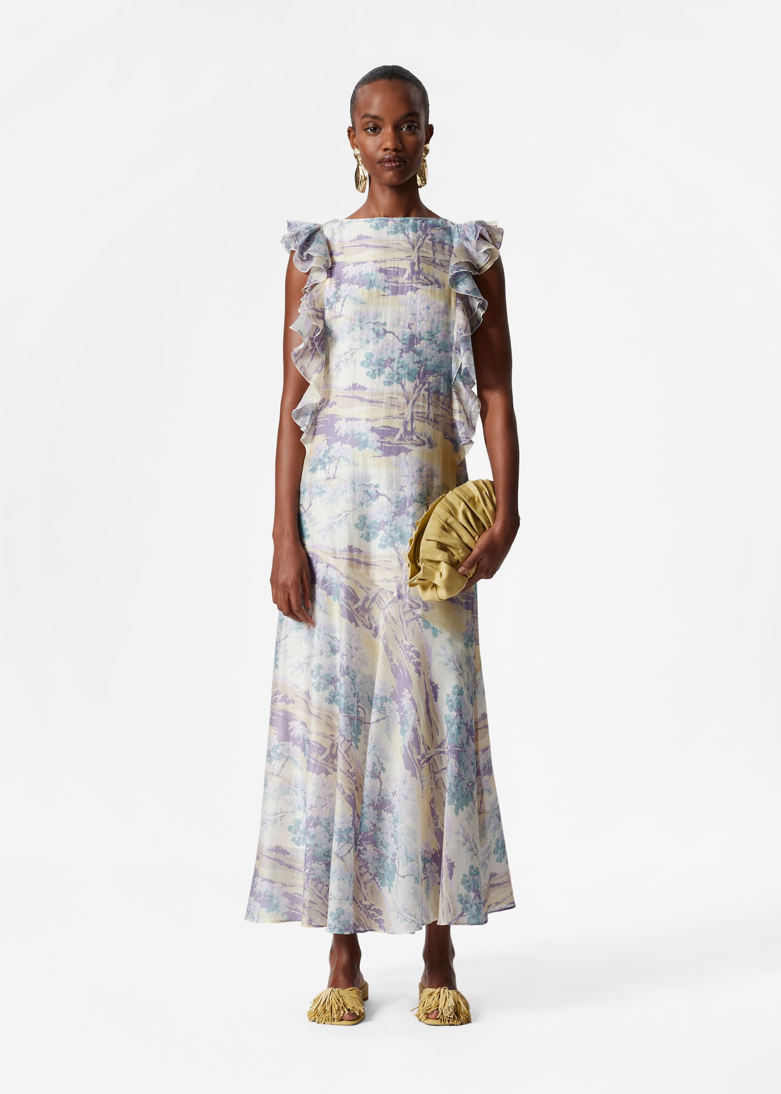 Maxivestido con volantes - Estampado amarillo/morado/De lunares beige