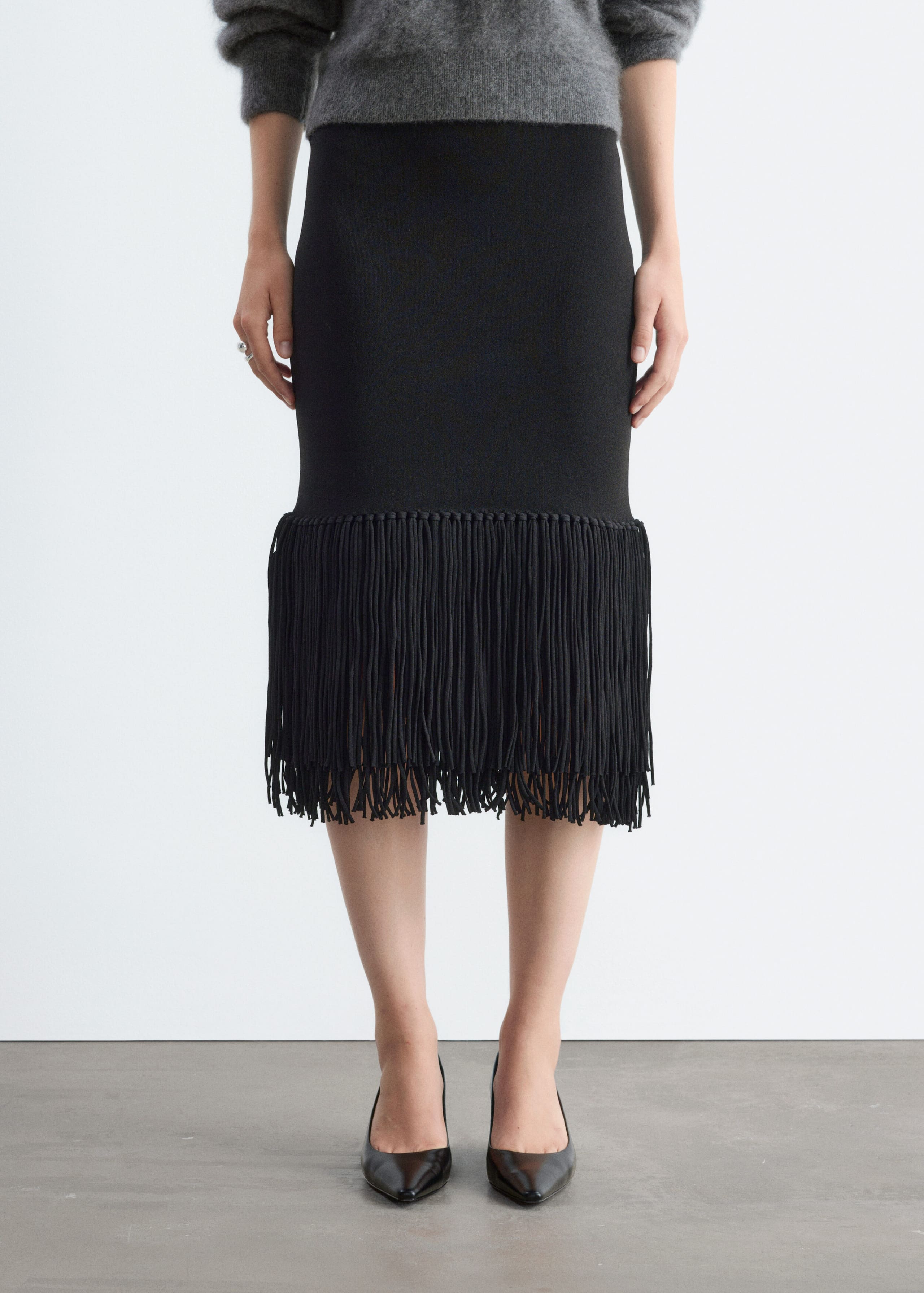 Fringed Midi Skirt - Black - Lookbook
