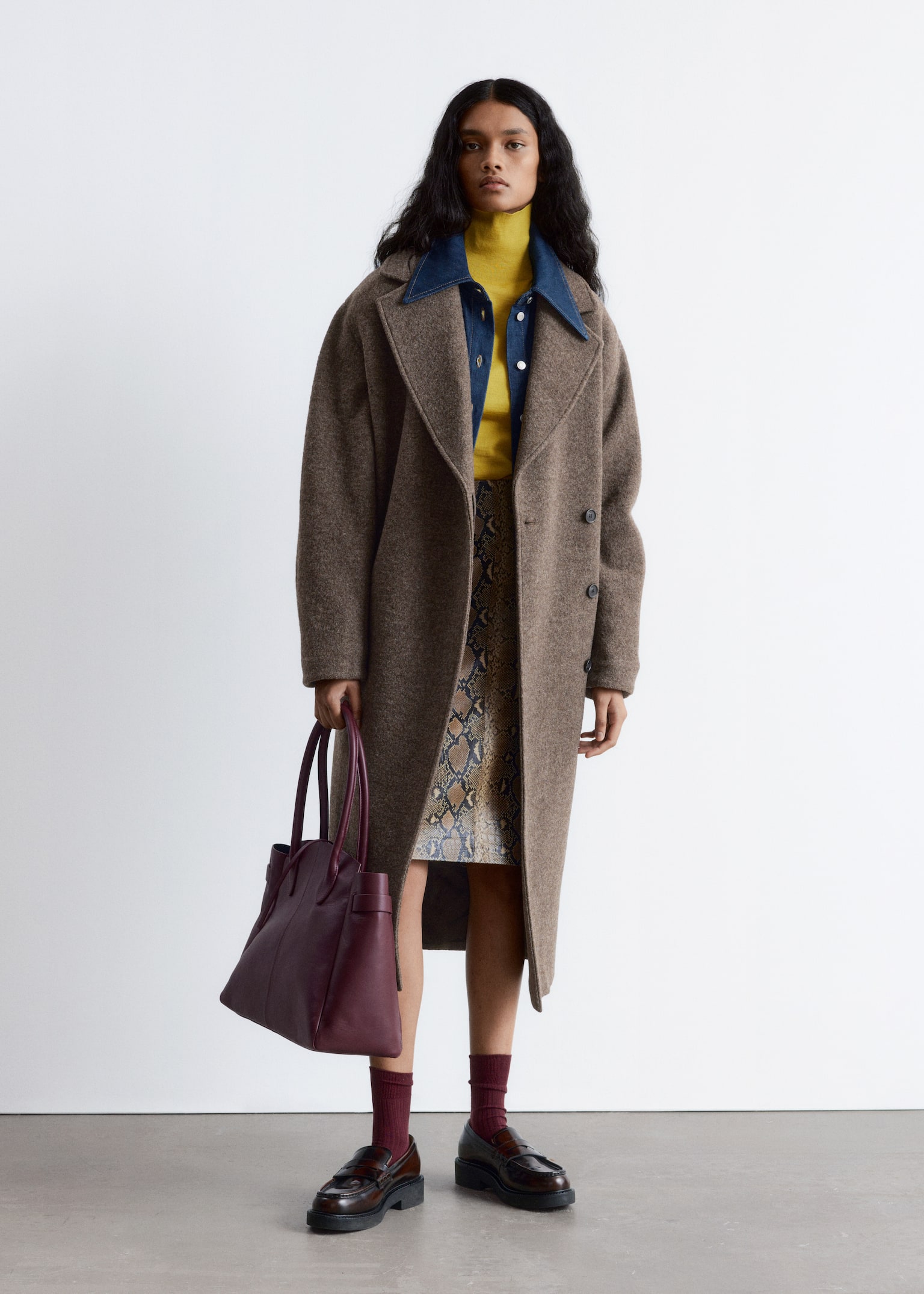 Voluminous Belted Wool Coat - Dark Mole Melange/Dark Purple/Black