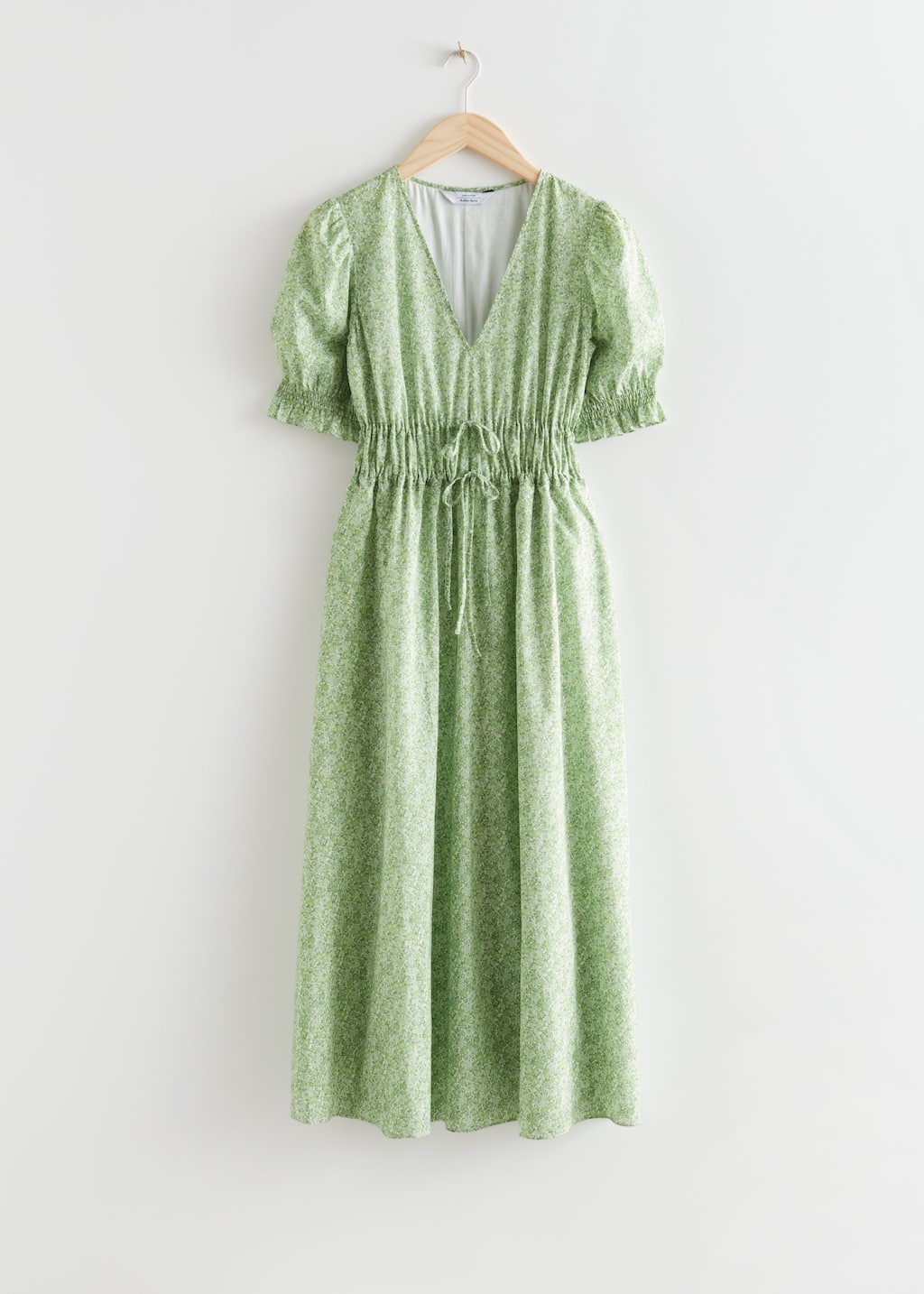 Drawstring Waist Midi Dress - Green Print - Bodegón