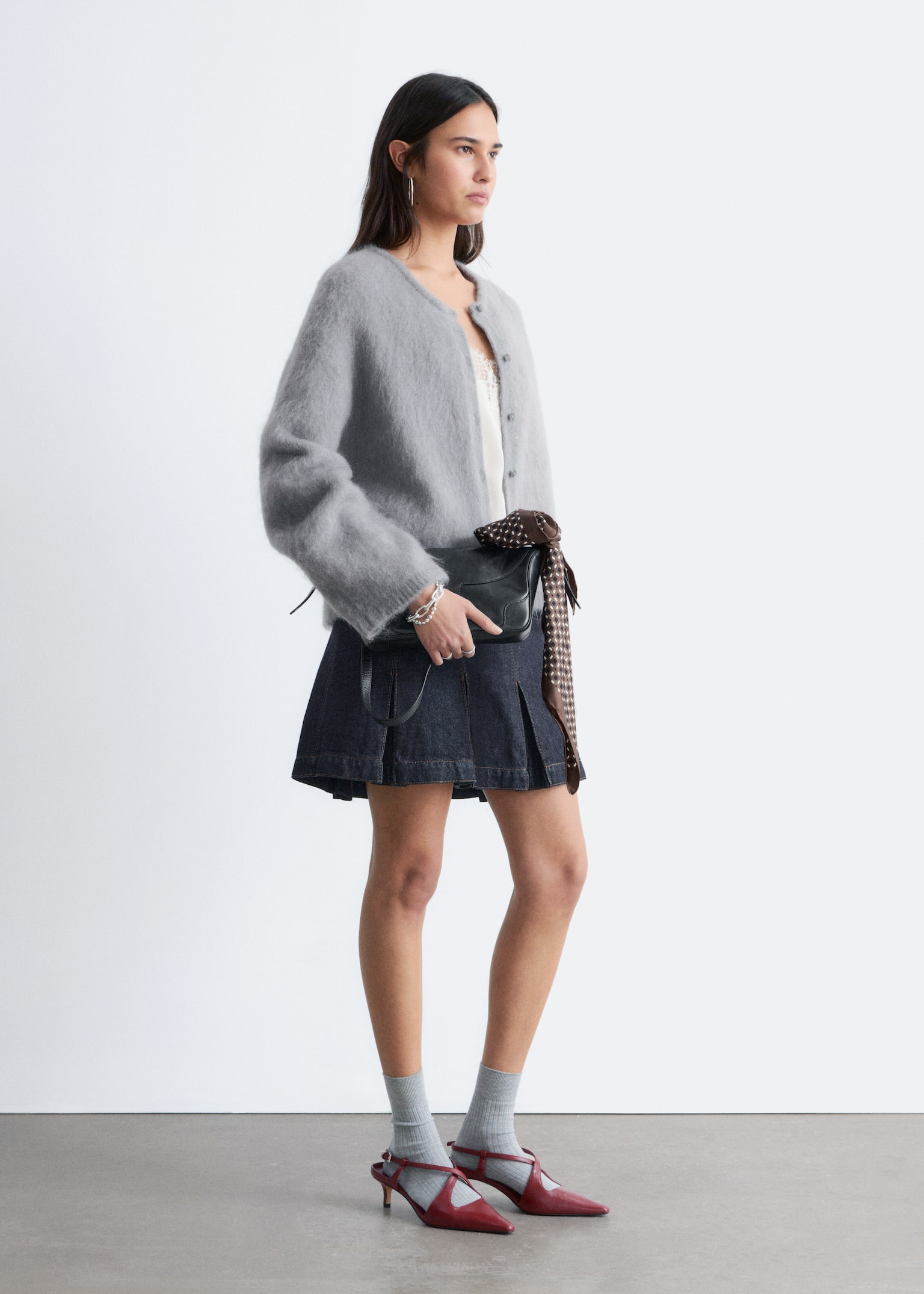 Cardigan i børstet mohairblend - Lysegrå/Knaldrød/Marineblå - 4