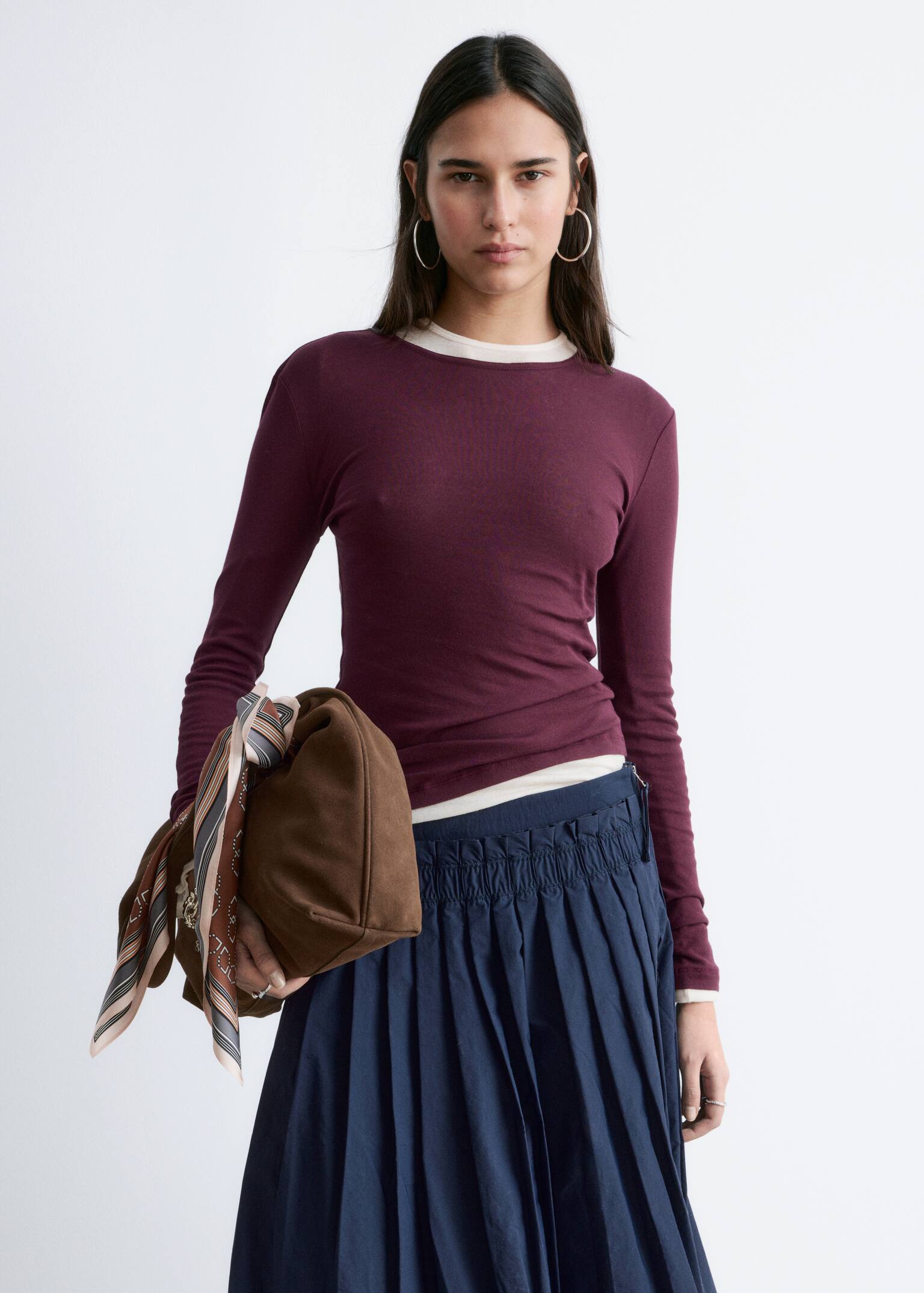 Long-Sleeve Cotton Top - Burgundy/White - 3