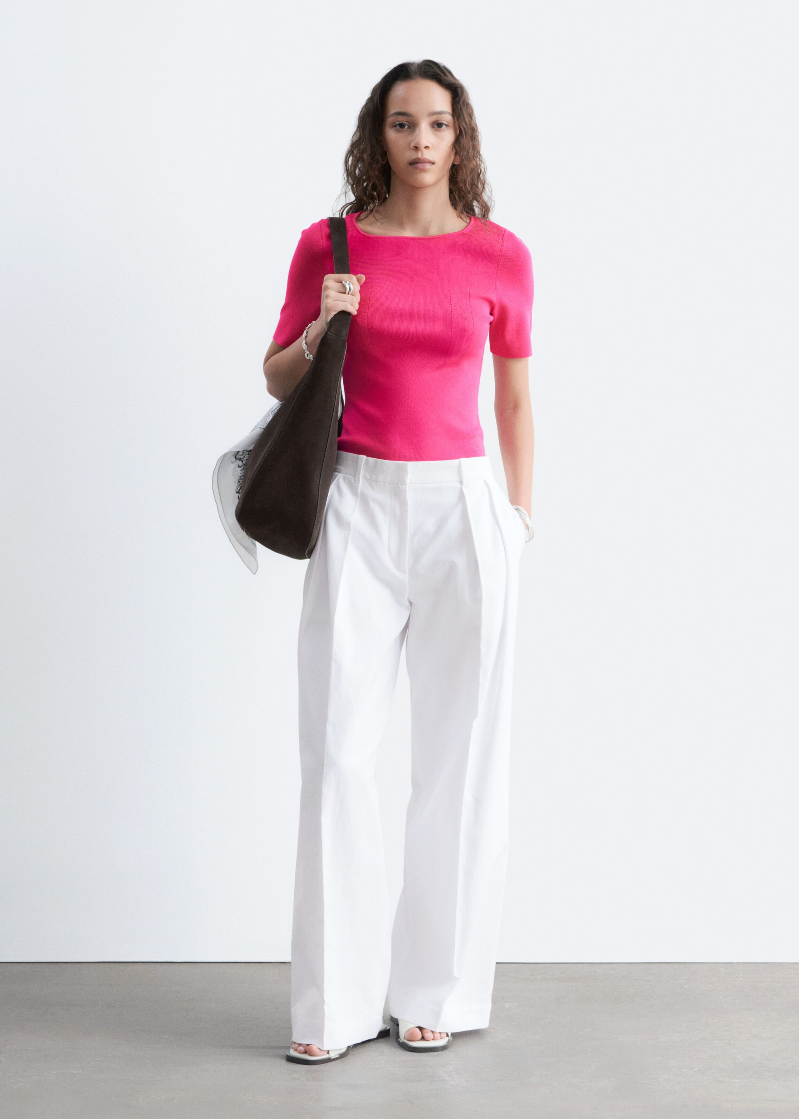 Slim Knitted T-Shirt - Bright Pink - Lookbook